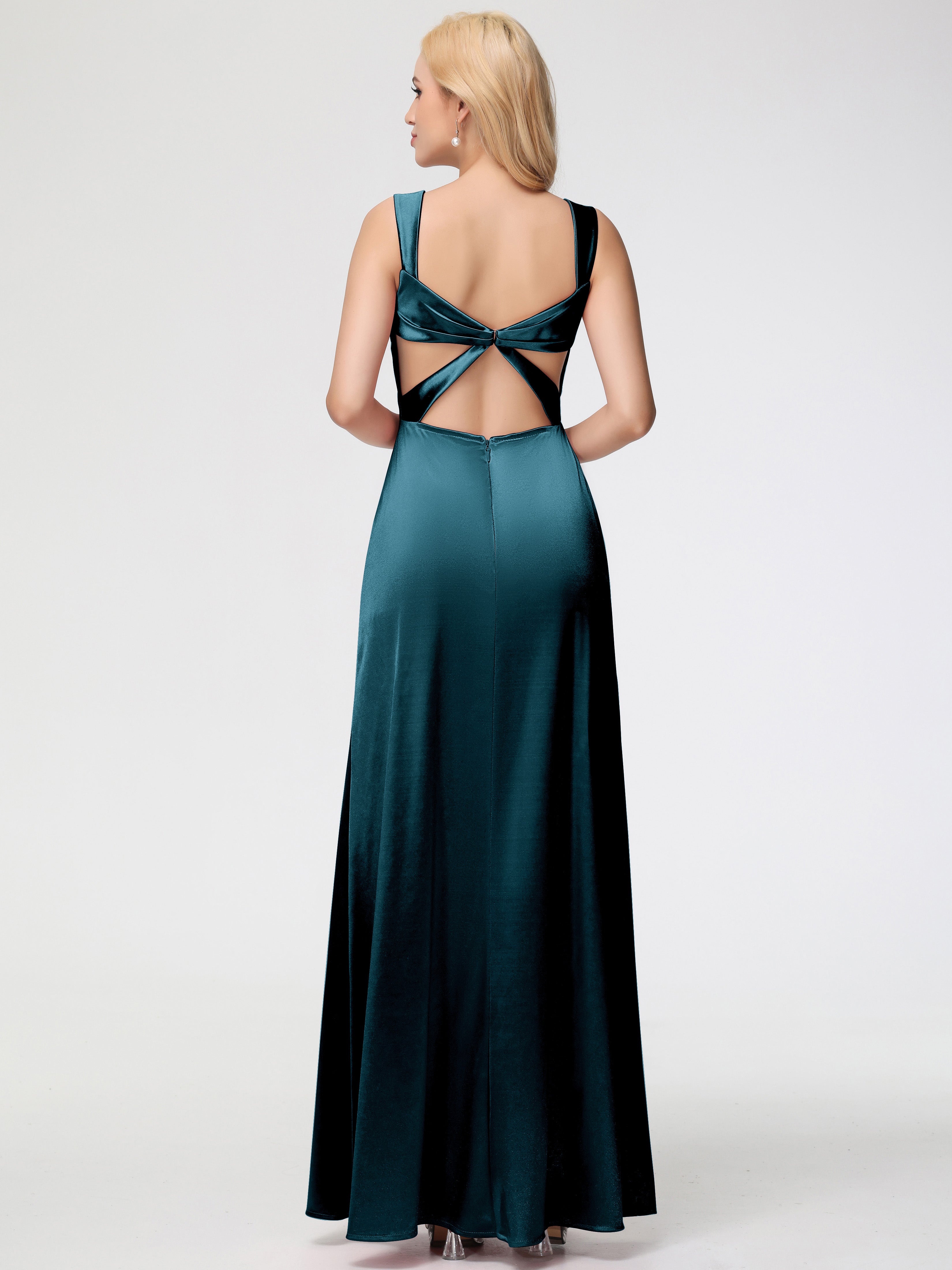 Robe Demoiselle D Honneur Bleu Paon Cache Cœur Bretelles Trapèze Fendue Satin Extensible Robe De Demoiselle D'Honneur