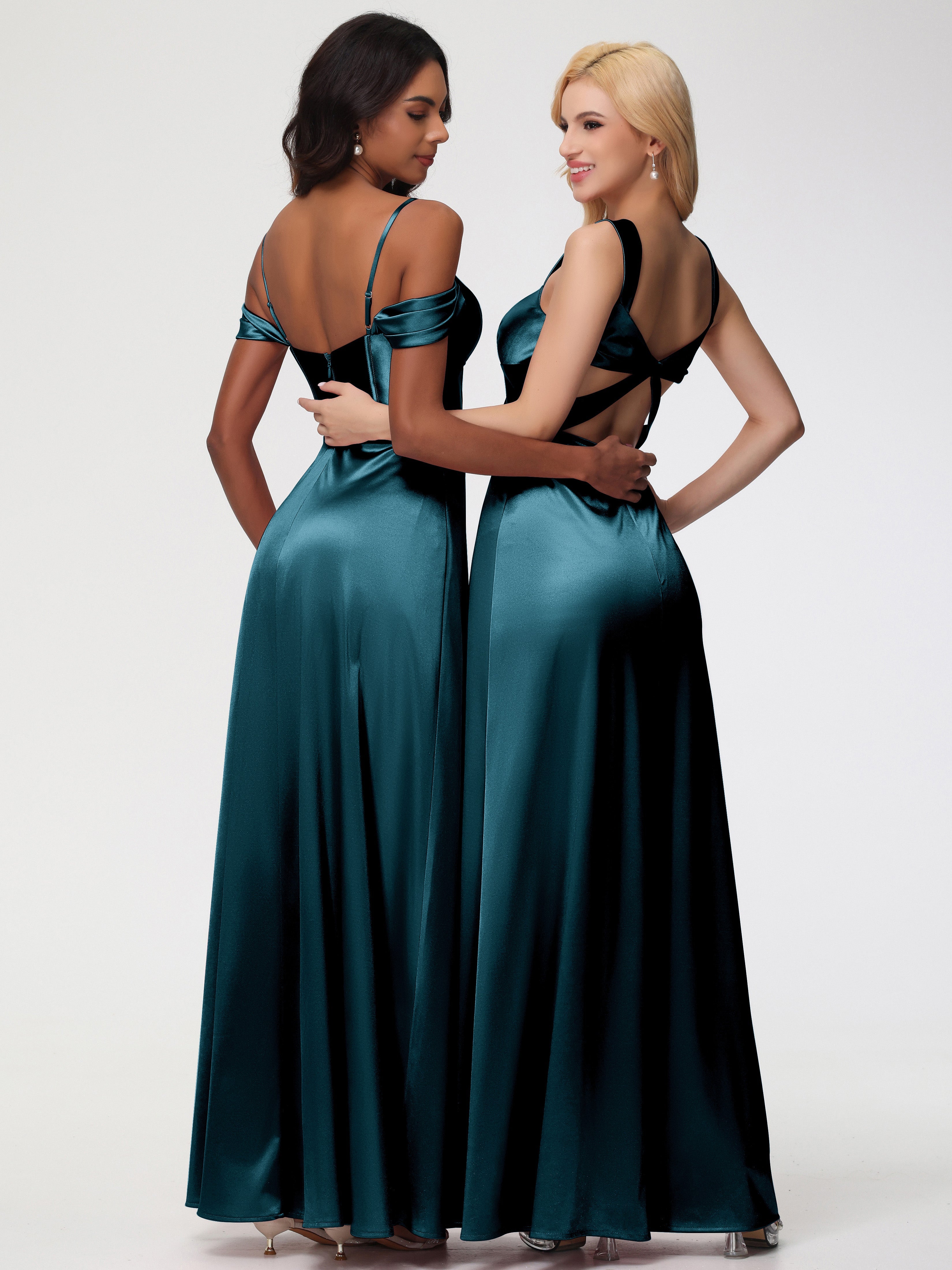 Robe Demoiselle D Honneur Bleu Paon Cache Cœur Bretelles Trapèze Fendue Satin Extensible Robe De Demoiselle D'Honneur