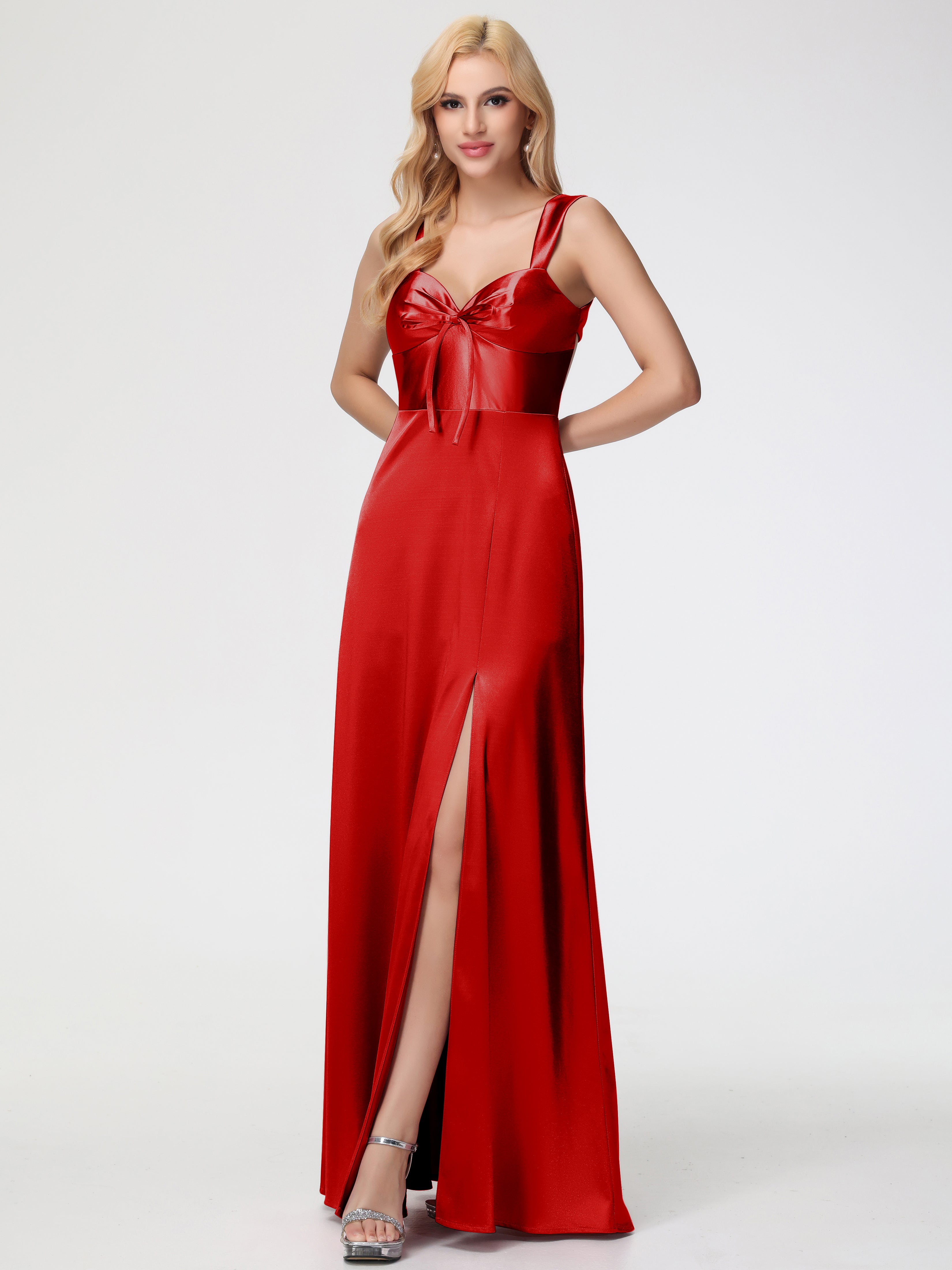 Robe Demoiselle D Honneur Rouge Cache Cœur Bretelles Trapèze Fendue Satin Extensible Robe De Demoiselle D'Honneur