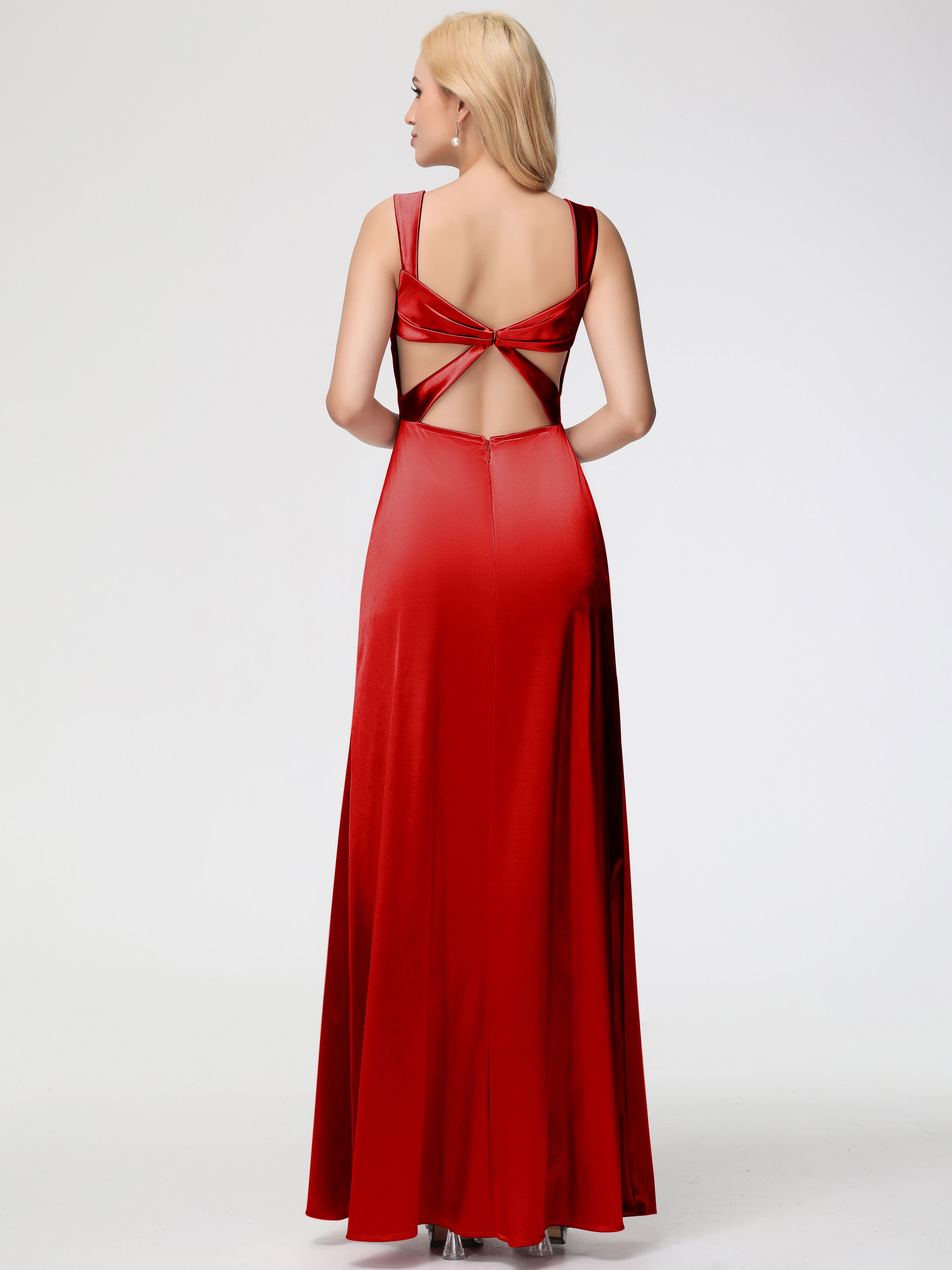 Robe Demoiselle D Honneur Rouge Cache Cœur Bretelles Trapèze Fendue Satin Extensible Robe De Demoiselle D'Honneur