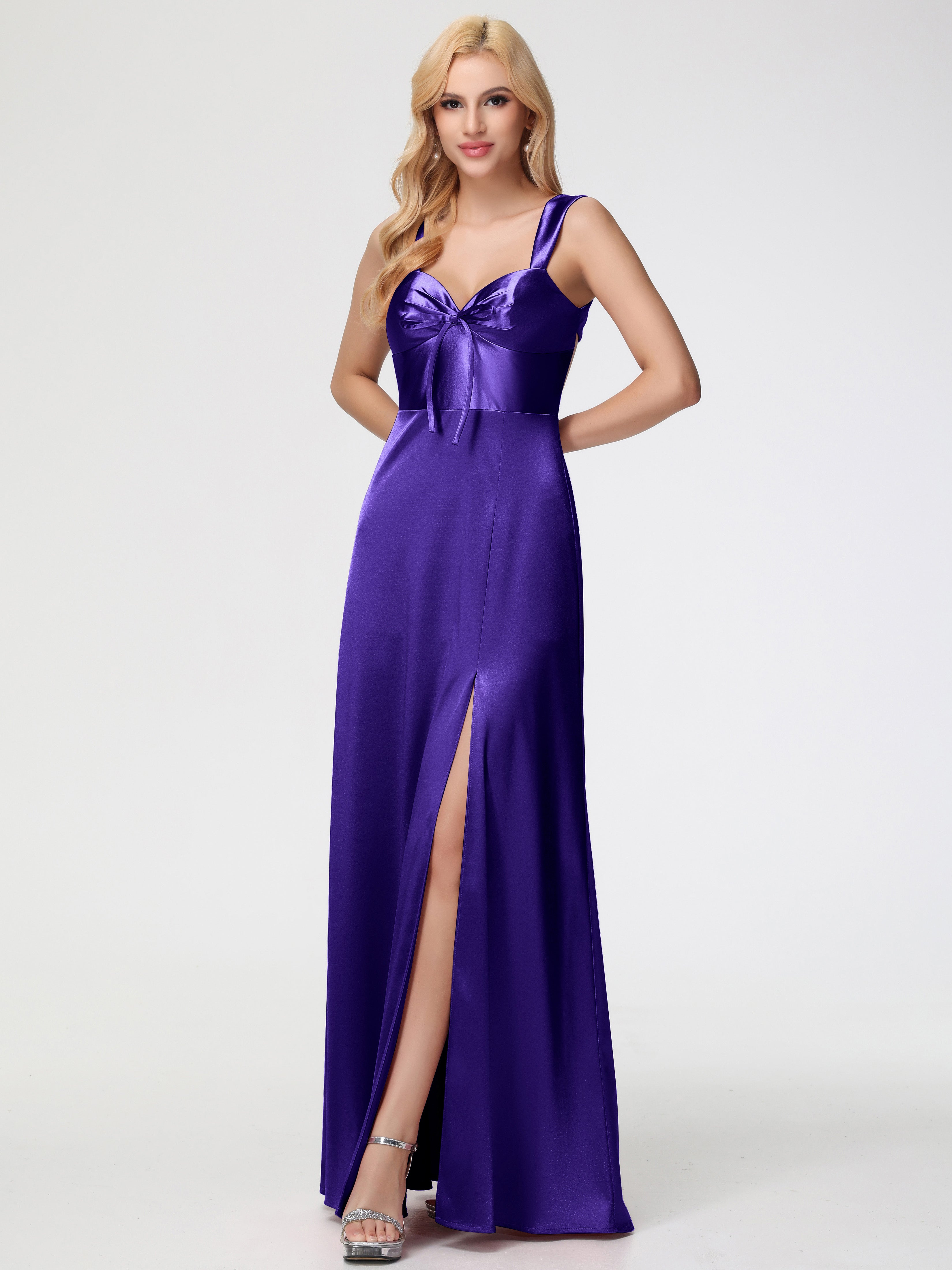 Robes De Demoiselle D'Honneur En Régence Cache Cœur Bretelles Trapèze Fendue Satin Extensible Robe De Demoiselle D'Honneur