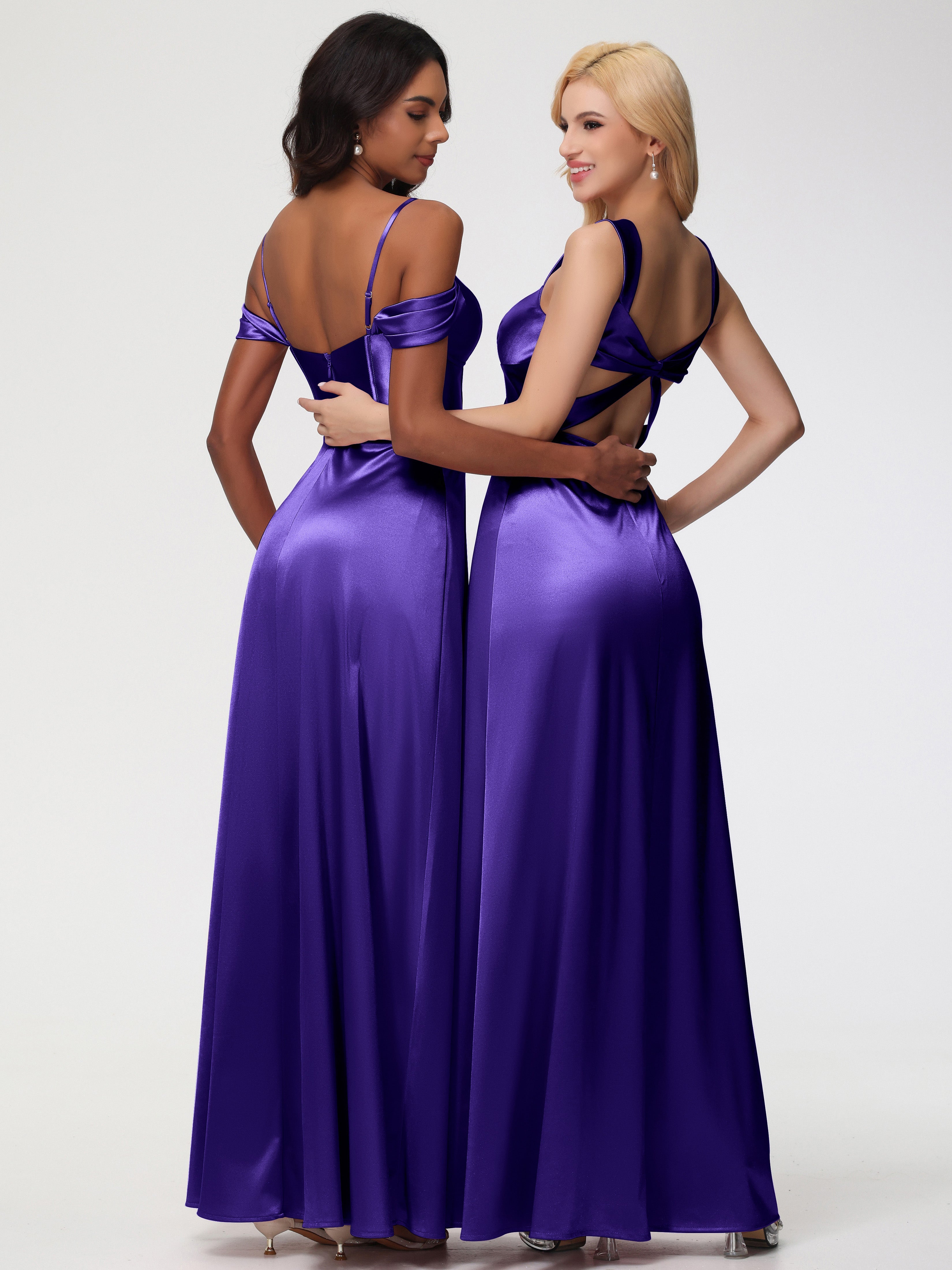 Robes De Demoiselle D'Honneur En Régence Cache Cœur Bretelles Trapèze Fendue Satin Extensible Robe De Demoiselle D'Honneur