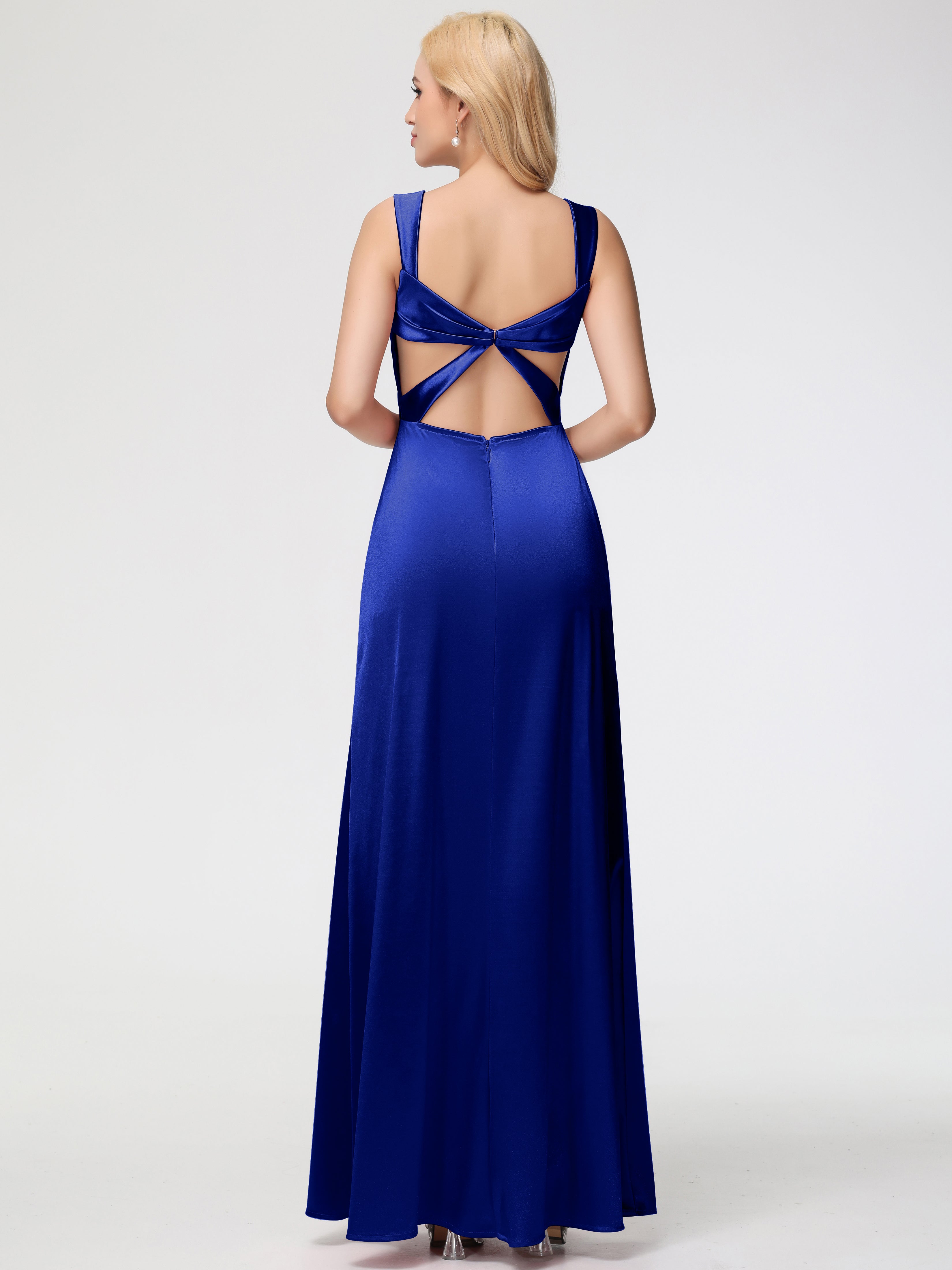 Robe Demoiselle D Honneur Bleu Royal Cache Cœur Bretelles Trapèze Fendue Satin Extensible Robe De Demoiselle D'Honneur