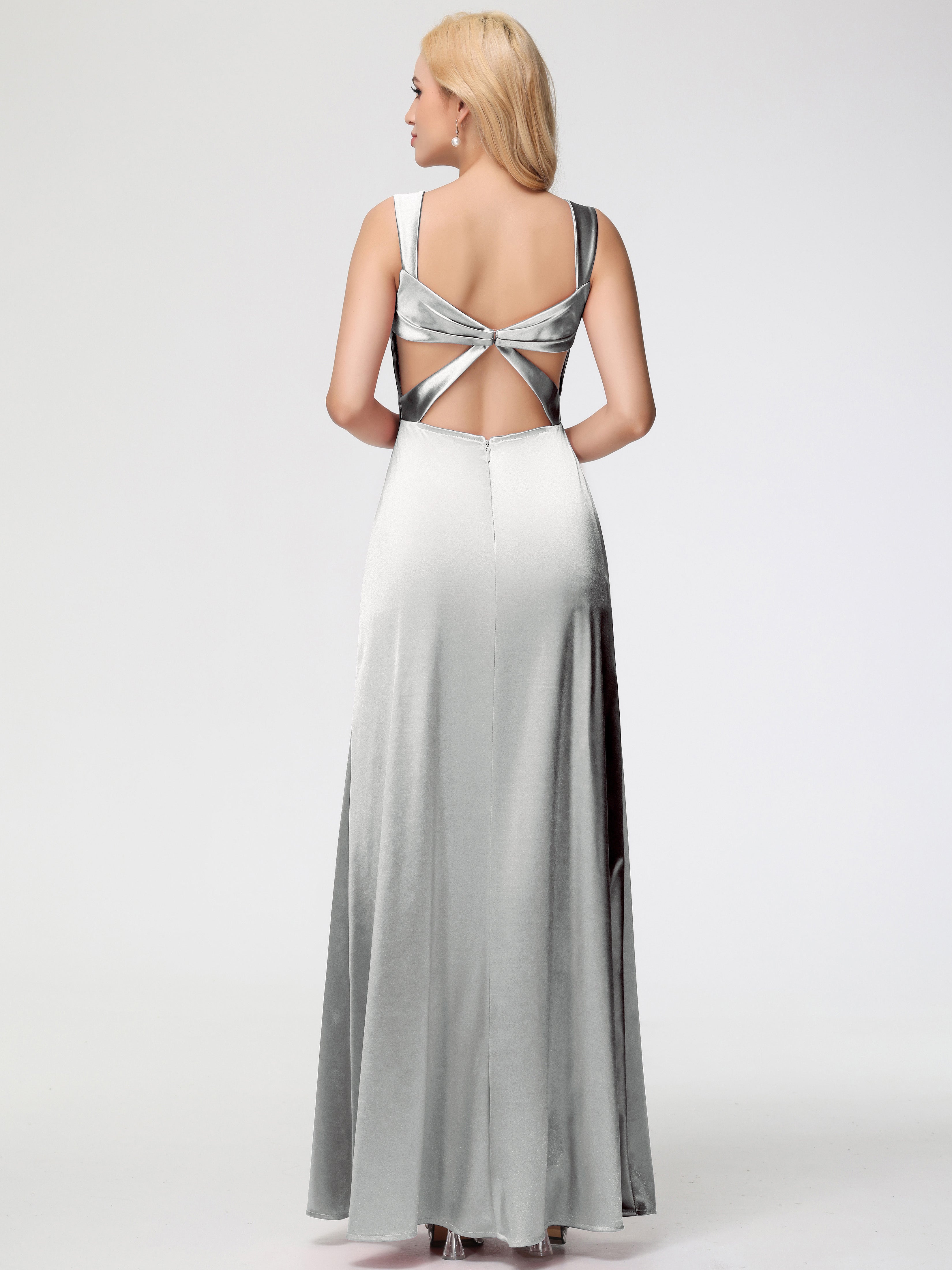 Robe Demoiselle D Honneur Argenté Cache Cœur Bretelles Trapèze Fendue Satin Extensible Robe De Demoiselle D'Honneur