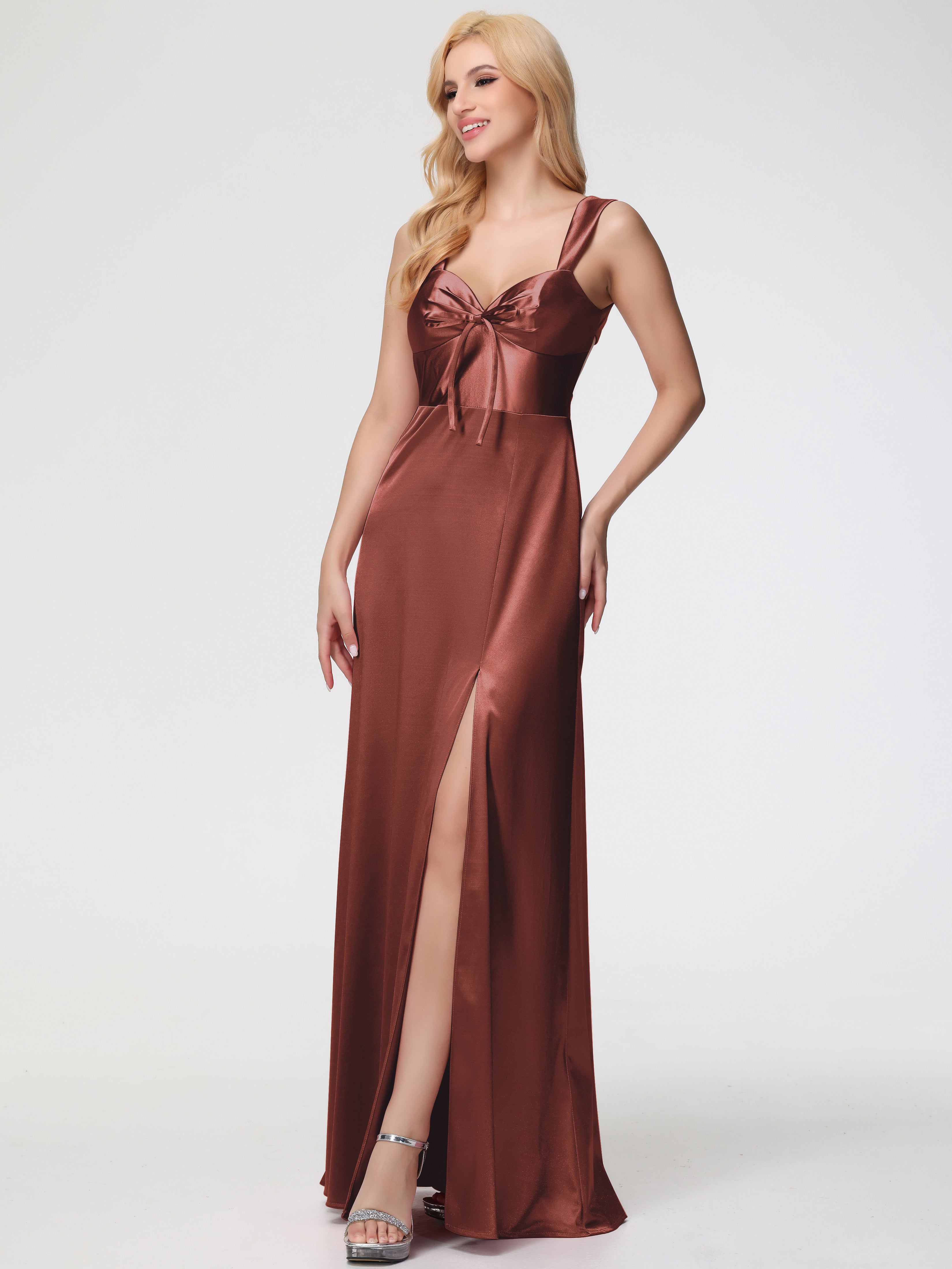 Robe Demoiselle D Honneur Terre Cuite Cache Cœur Bretelles Trapèze Fendue Satin Extensible Robe De Demoiselle D'Honneur