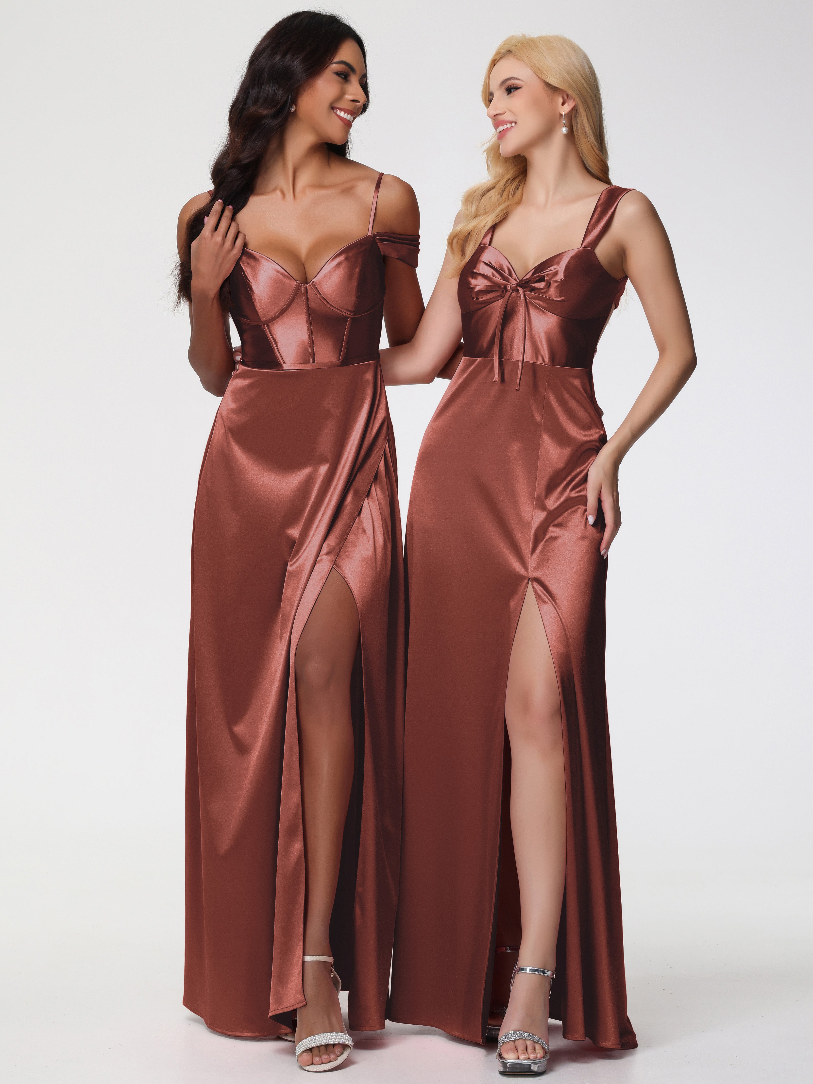 Robe Demoiselle D Honneur Terre Cuite Cache Cœur Bretelles Trapèze Fendue Satin Extensible Robe De Demoiselle D'Honneur
