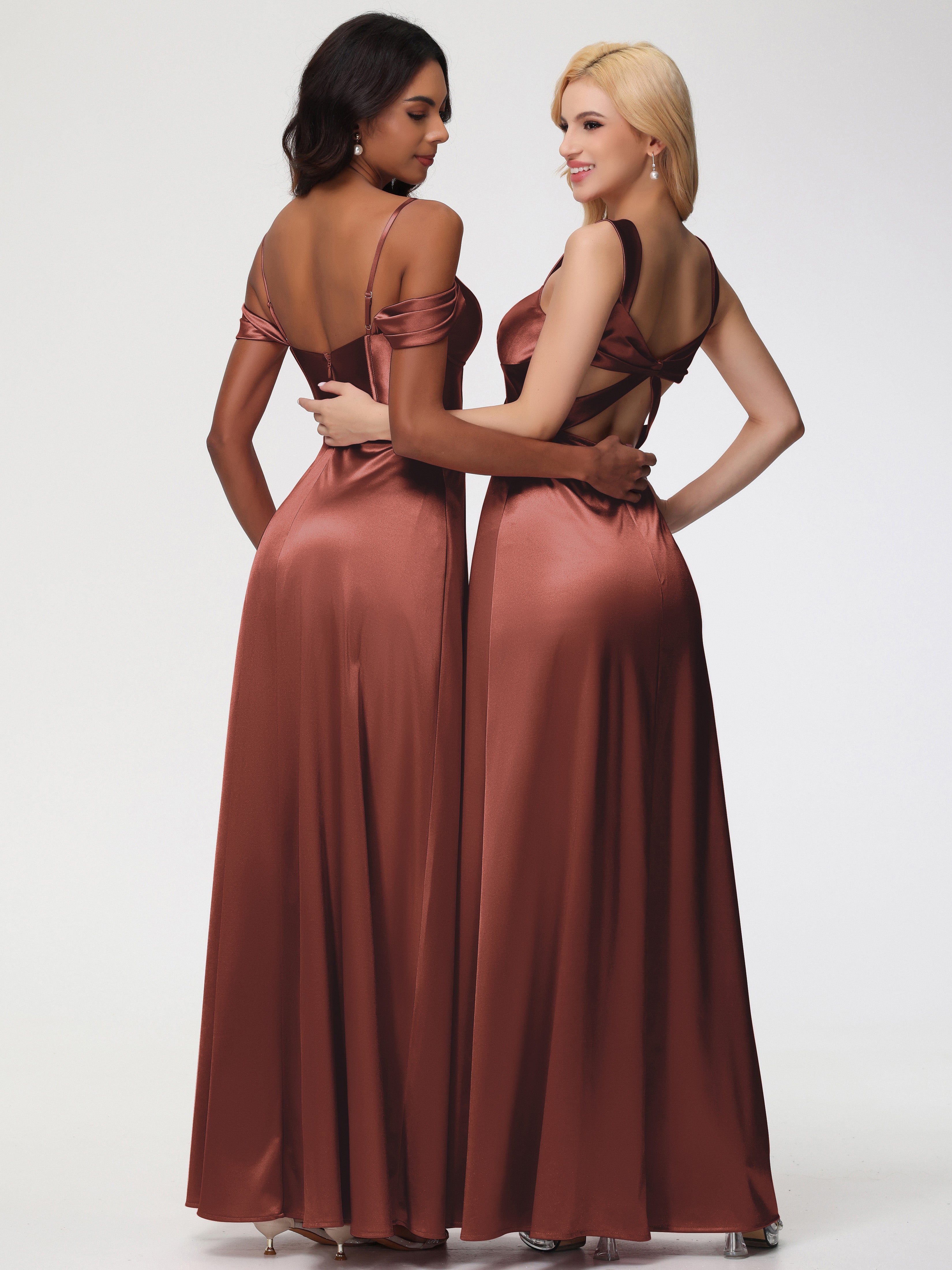 Robe Demoiselle D Honneur Terre Cuite Cache Cœur Bretelles Trapèze Fendue Satin Extensible Robe De Demoiselle D'Honneur