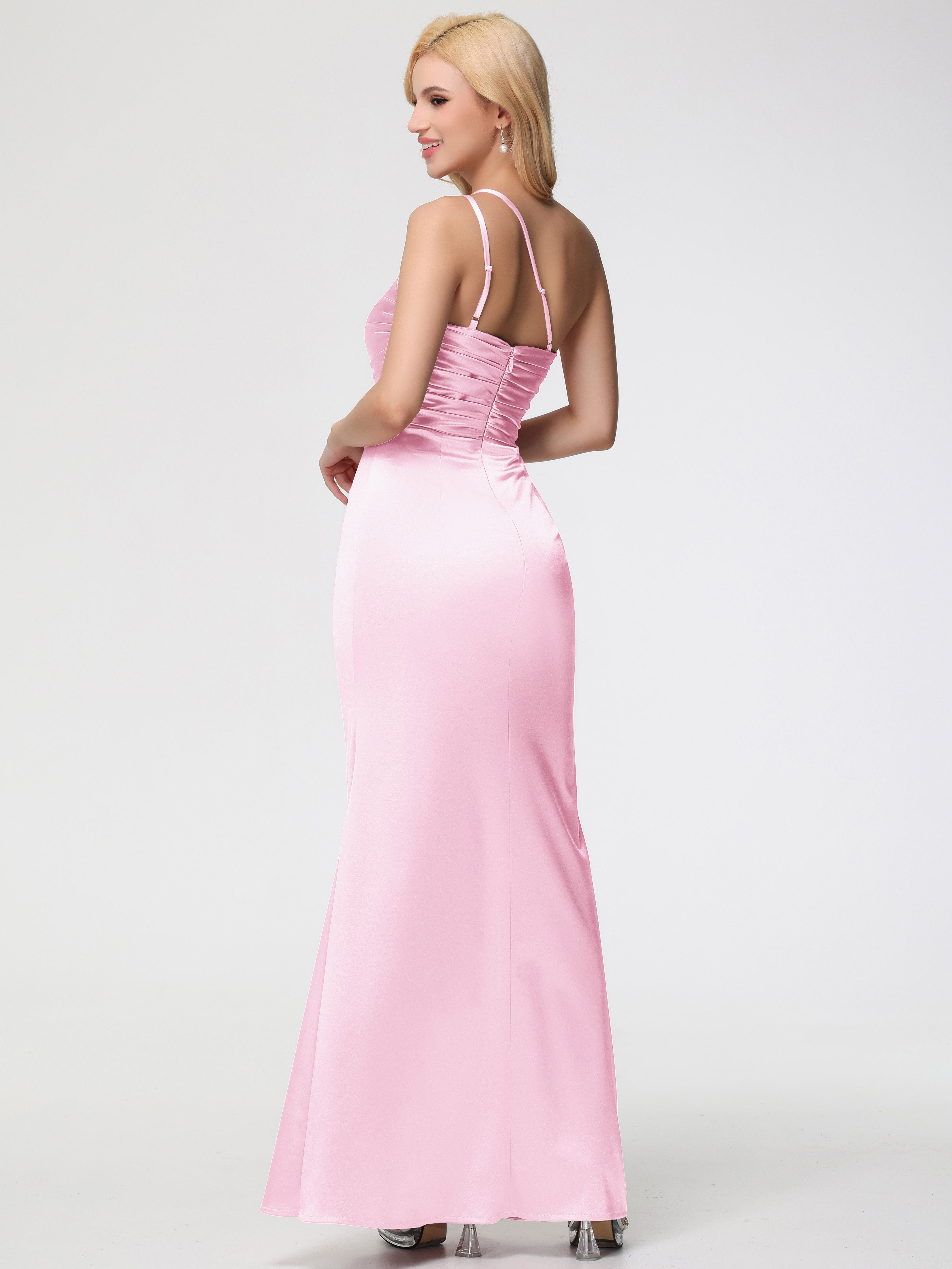 Robe ROSE PÂLE Demoiselle D Honneur Seule-épaule Fourreau/Colonne Fendue Satin Extensible Robe De Demoiselle D'Honneur