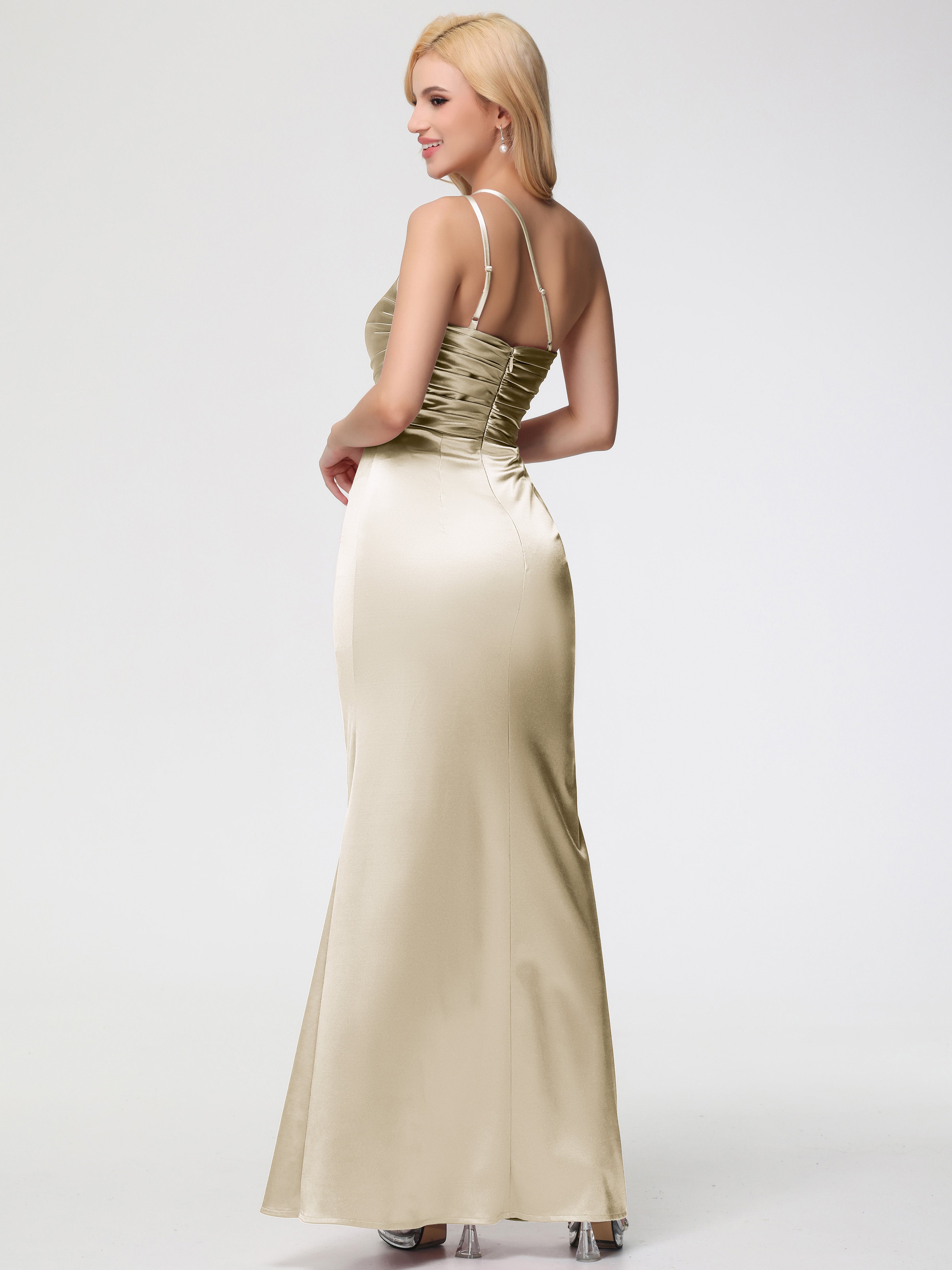 Robe Champagne Demoiselle D Honneur Seule-épaule Fourreau/Colonne Fendue Satin Extensible Robe De Demoiselle D'Honneur