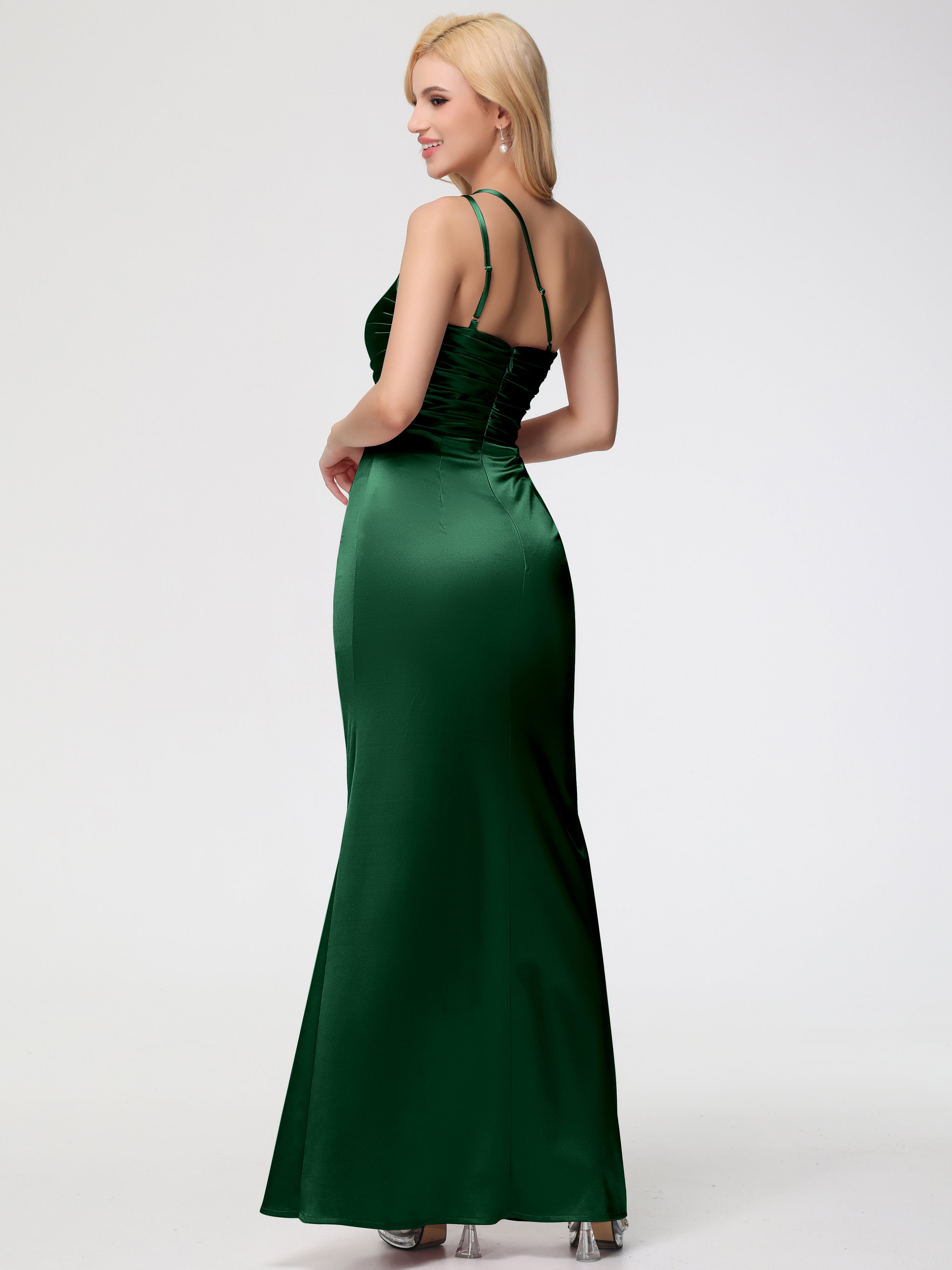 Robe Demoiselle D Honneur Vert Fonce Seule-épaule Fourreau/Colonne Fendue Satin Extensible Robe De Demoiselle D'Honneur
