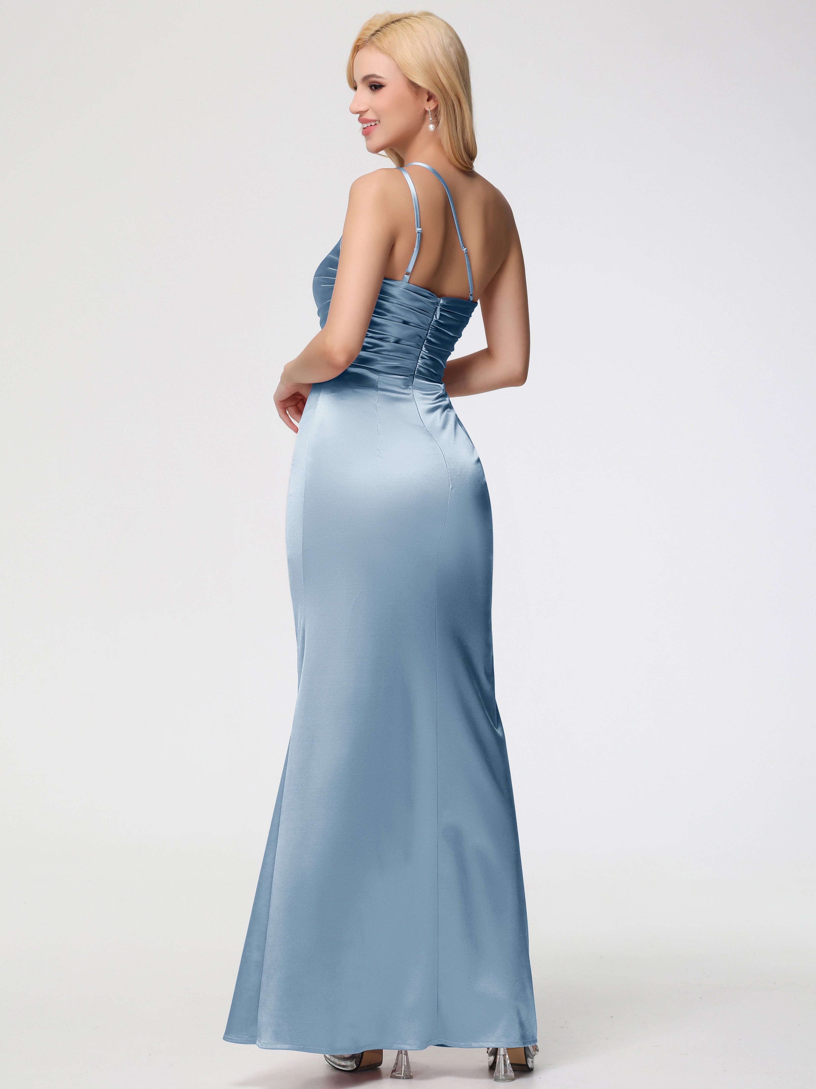 Robes De Demoiselle D'Honneur Bleu Poudre Seule-épaule Fourreau/Colonne Fendue Satin Extensible Robe De Demoiselle D'Honneur