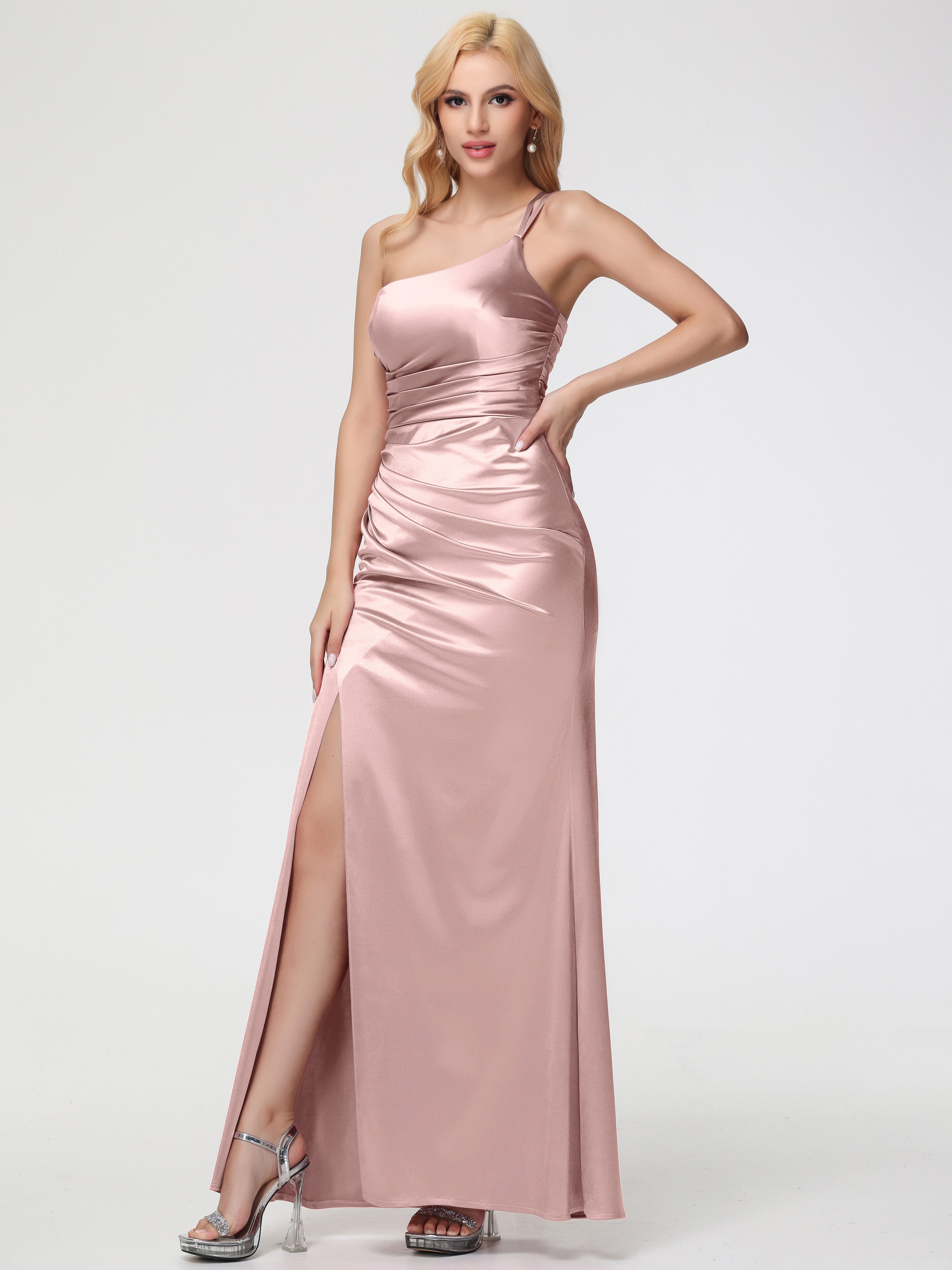 Robe ROSE POUDRÉ Demoiselle D Honneur Seule-épaule Fourreau/Colonne Fendue Satin Extensible Robe De Demoiselle D'Honneur