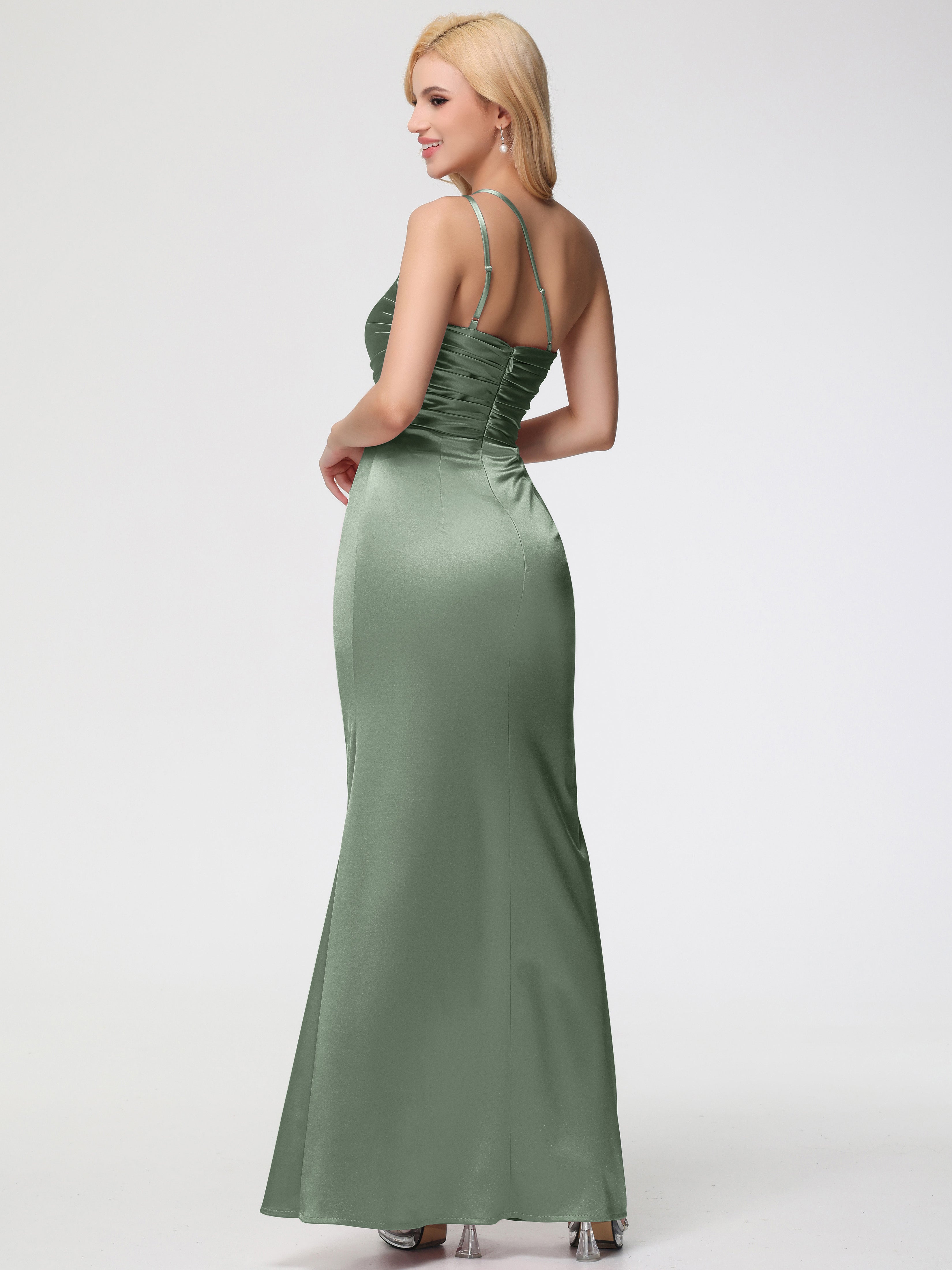 Robe Demoiselle D Honneur SAUGE POUDRÉE Seule-épaule Fourreau/Colonne Fendue Satin Extensible Robe De Demoiselle D'Honneur