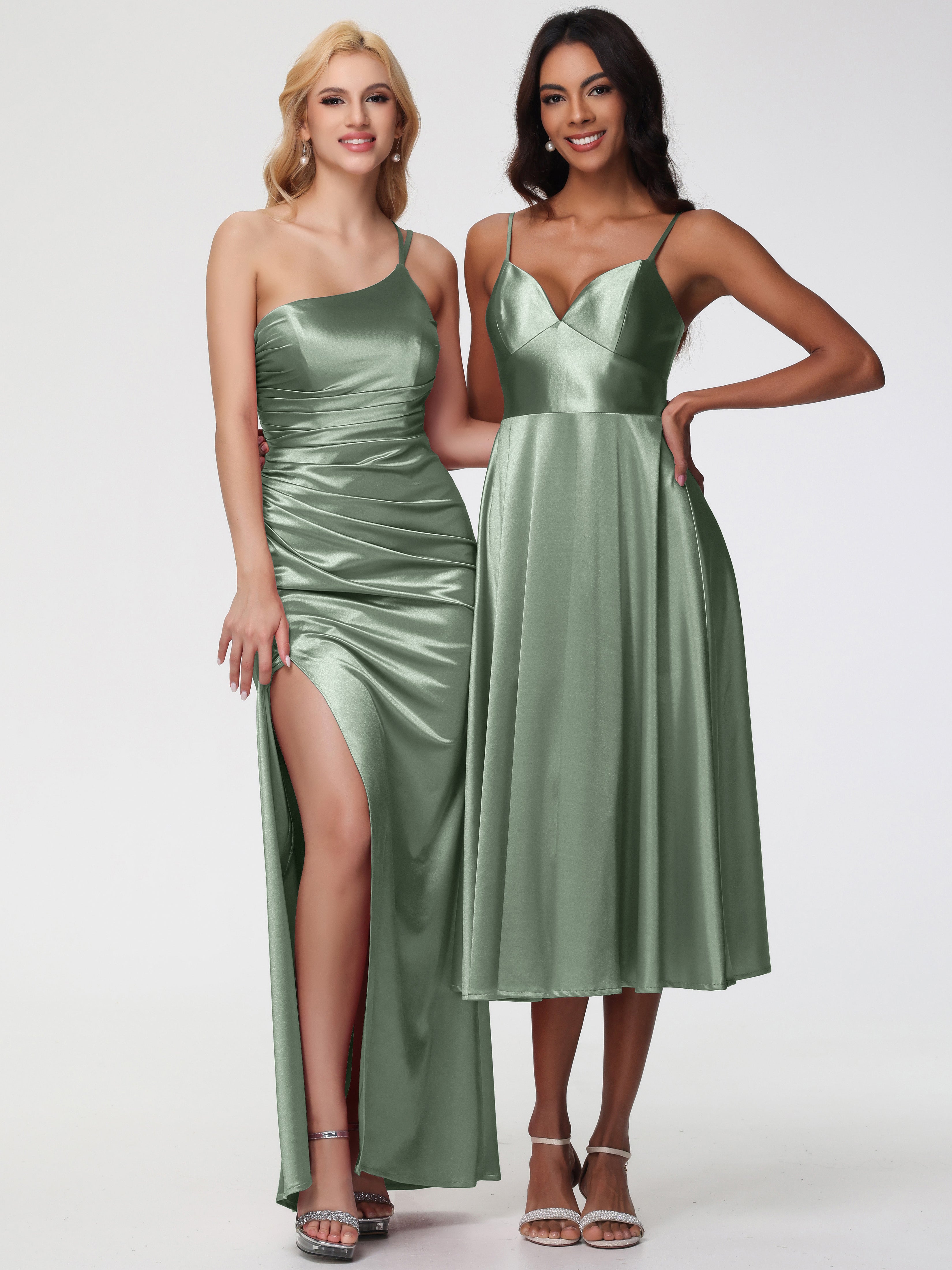 Robe Demoiselle D Honneur SAUGE POUDRÉE Seule-épaule Fourreau/Colonne Fendue Satin Extensible Robe De Demoiselle D'Honneur