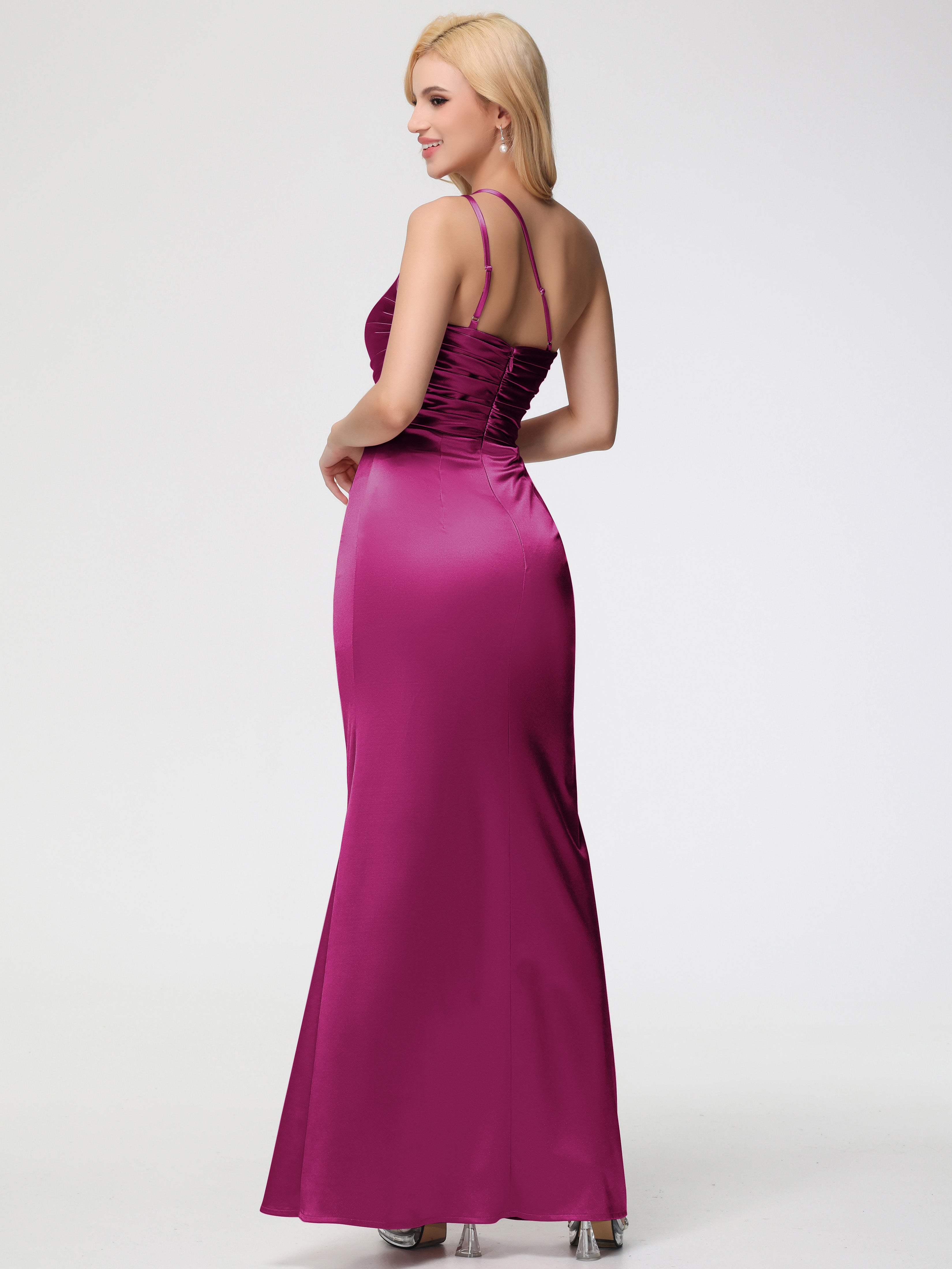 Robes De Demoiselle D'Honneur Couleur Rose Fuchsia Seule-épaule Fourreau/Colonne Fendue Satin Extensible Robe De Demoiselle D'Honneur