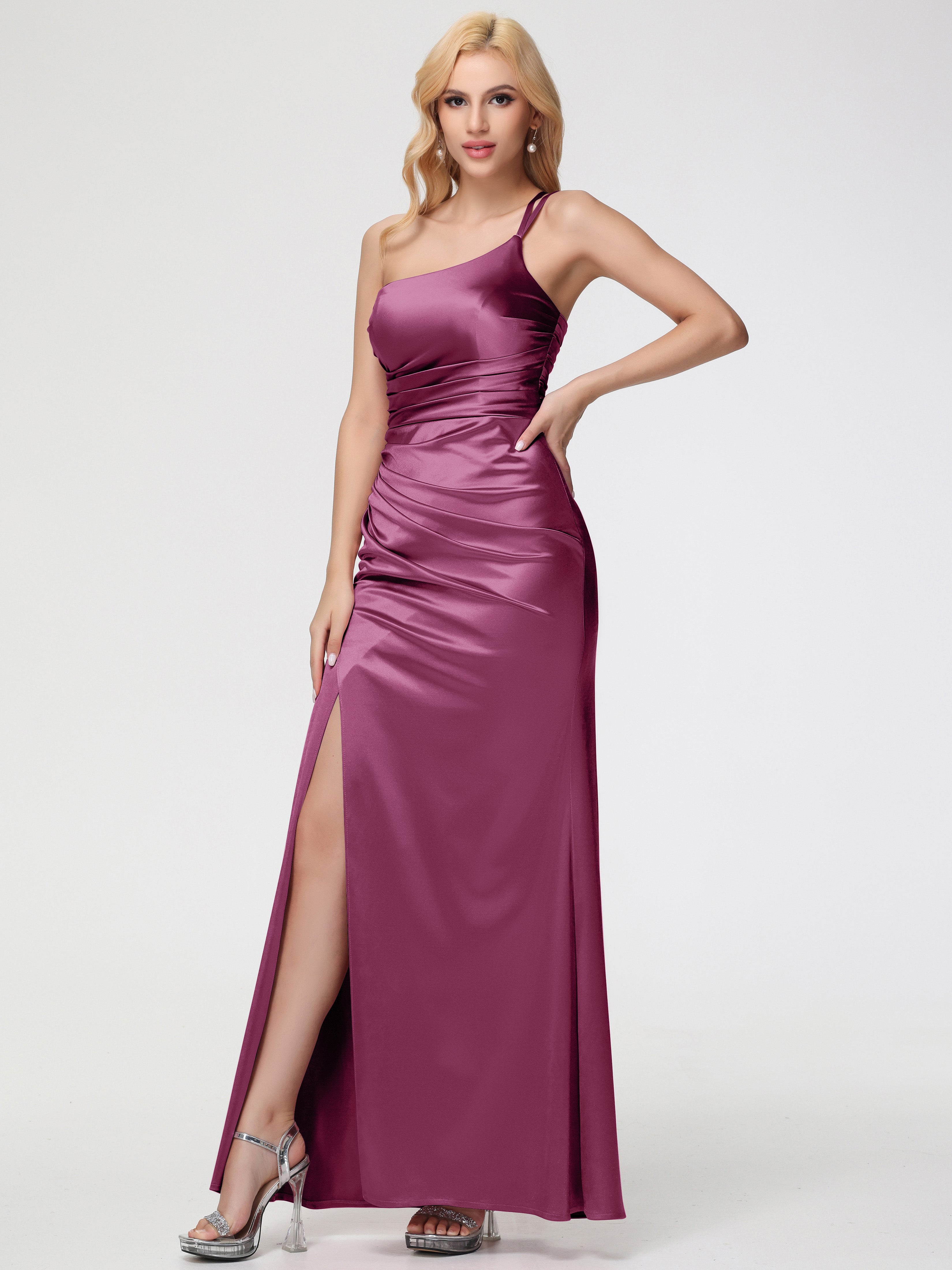 Robes De Demoiselle D'Honneur Mure Seule-épaule Fourreau/Colonne Fendue Satin Extensible Robe De Demoiselle D'Honneur