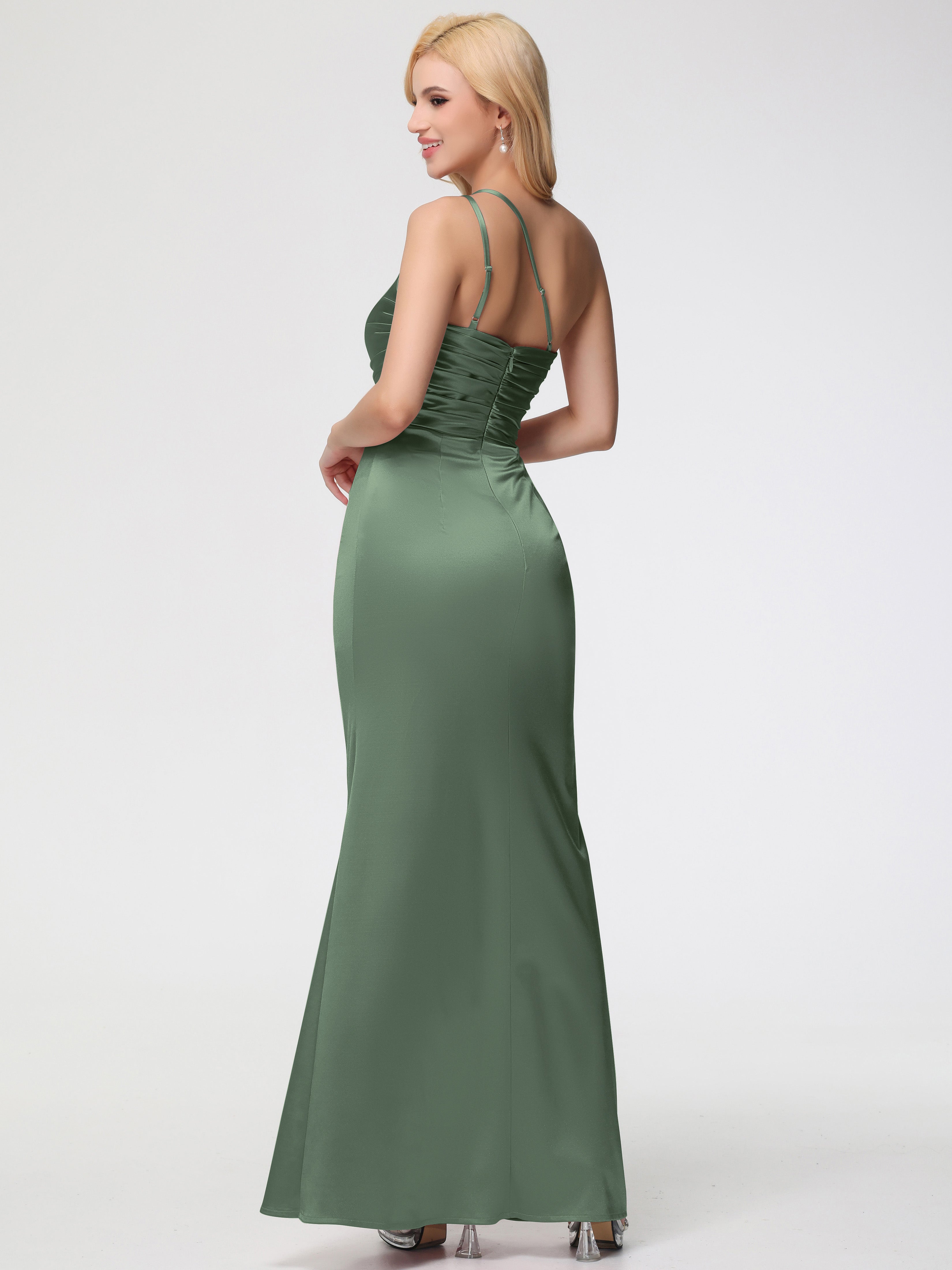 Robe Vert Olive Demoiselle D Honneur Seule-épaule Fourreau/Colonne Fendue Satin Extensible Robe De Demoiselle D'Honneur