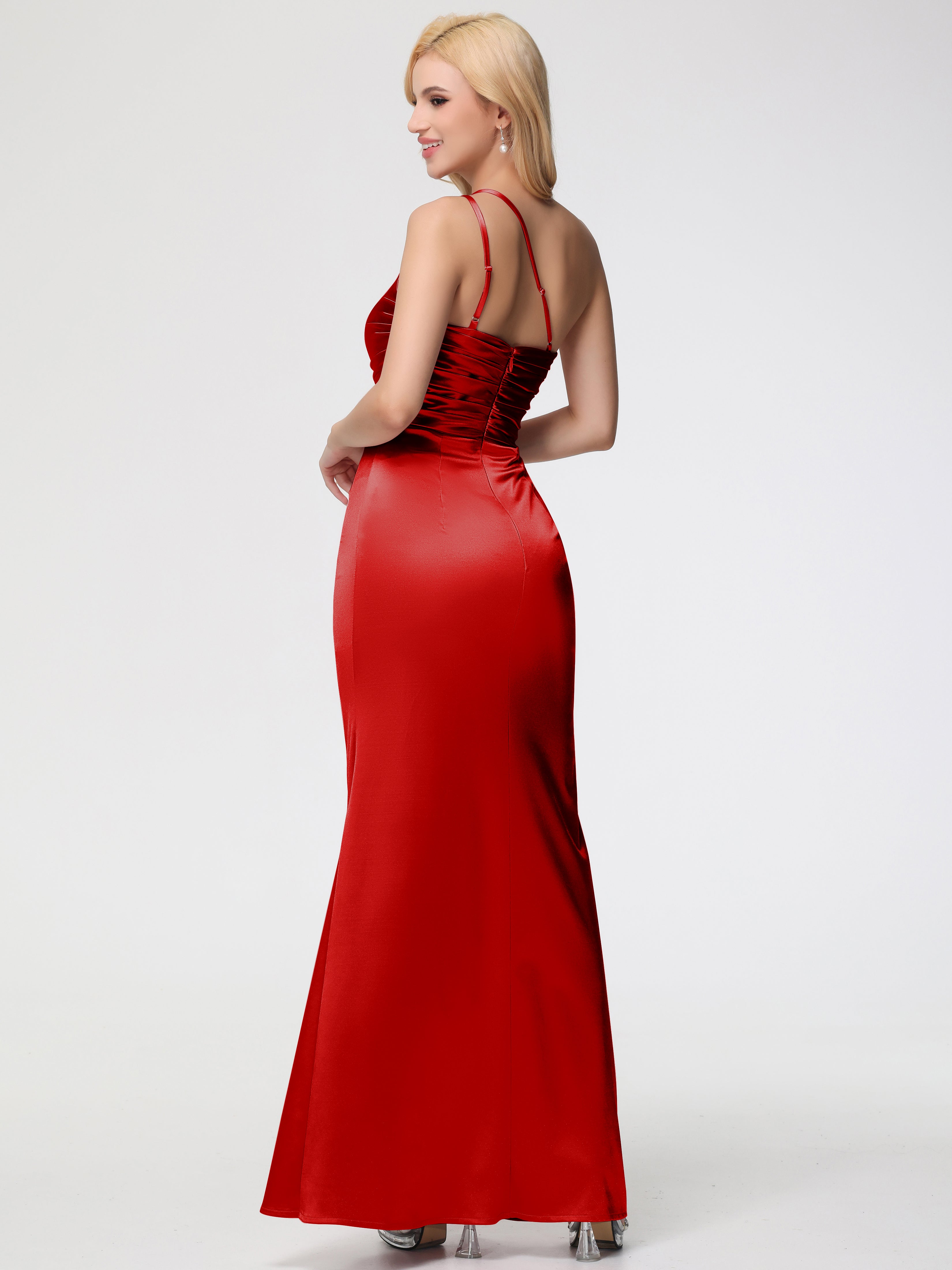 Robe Rouge Demoiselle D Honneur Seule-épaule Fourreau/Colonne Fendue Satin Extensible Robe De Demoiselle D'Honneur