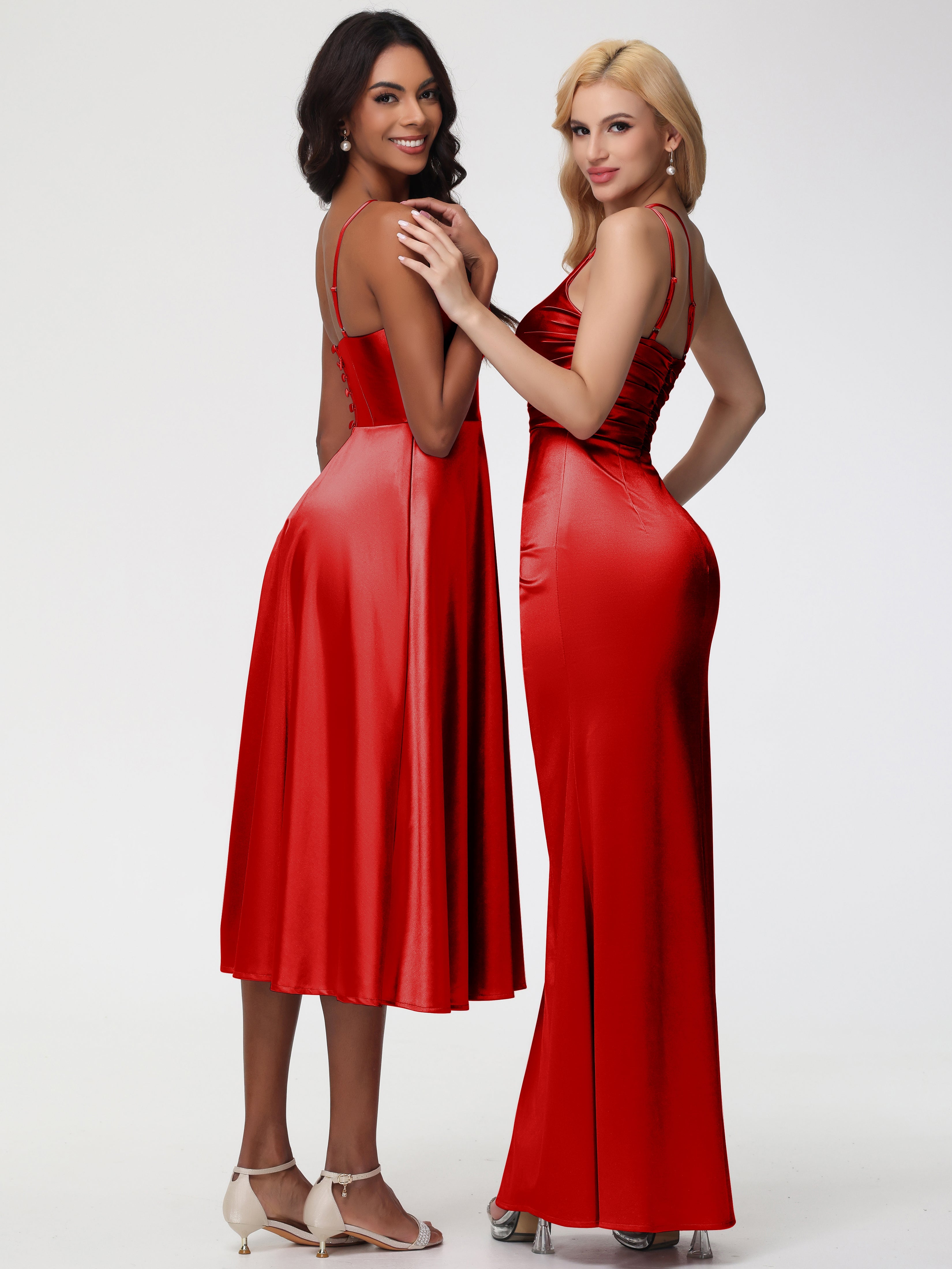 Robe Rouge Demoiselle D Honneur Seule-épaule Fourreau/Colonne Fendue Satin Extensible Robe De Demoiselle D'Honneur