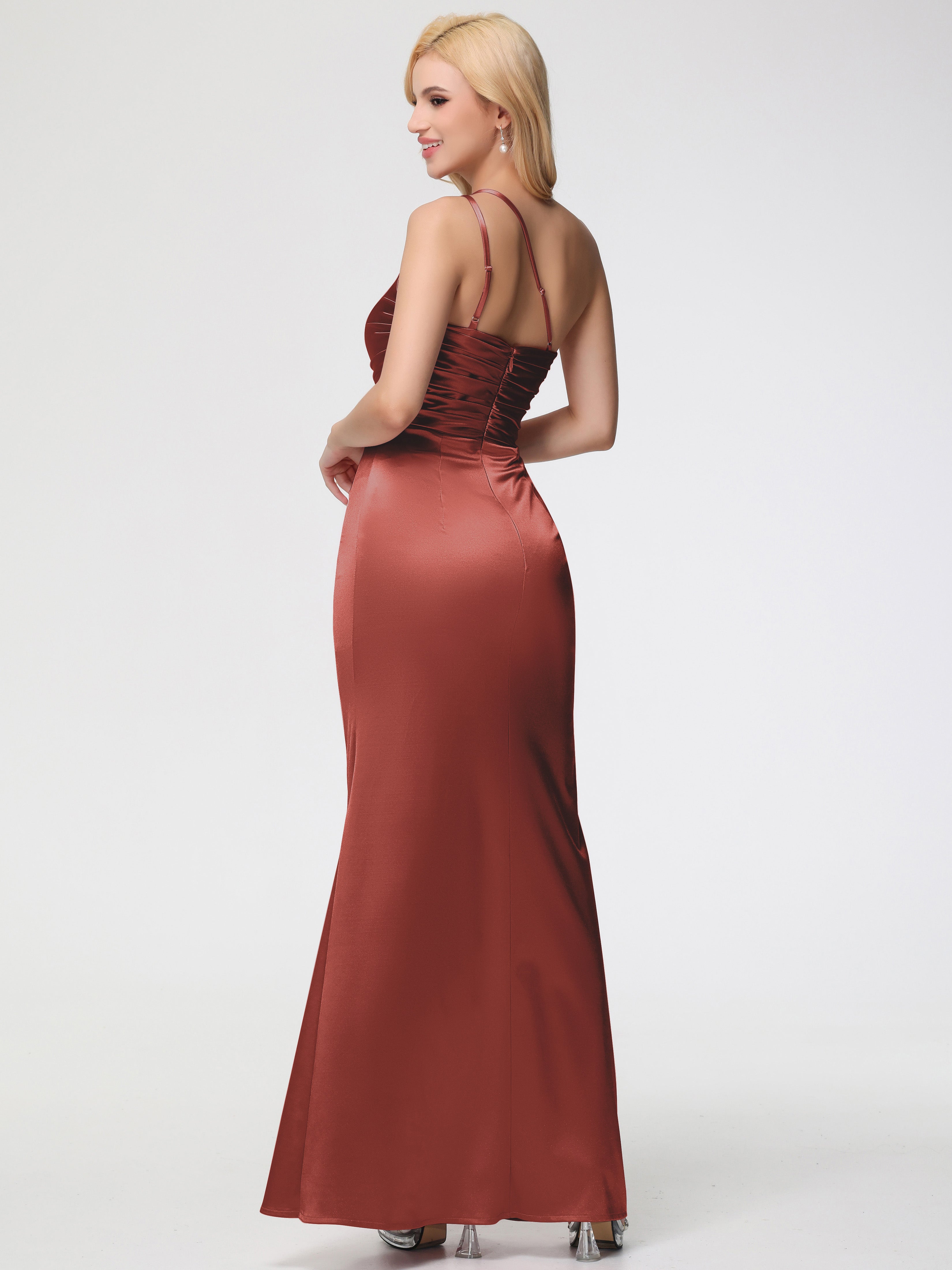 Robe Rouille Demoiselle D Honneur Seule-épaule Fourreau/Colonne Fendue Satin Extensible Robe De Demoiselle D'Honneur