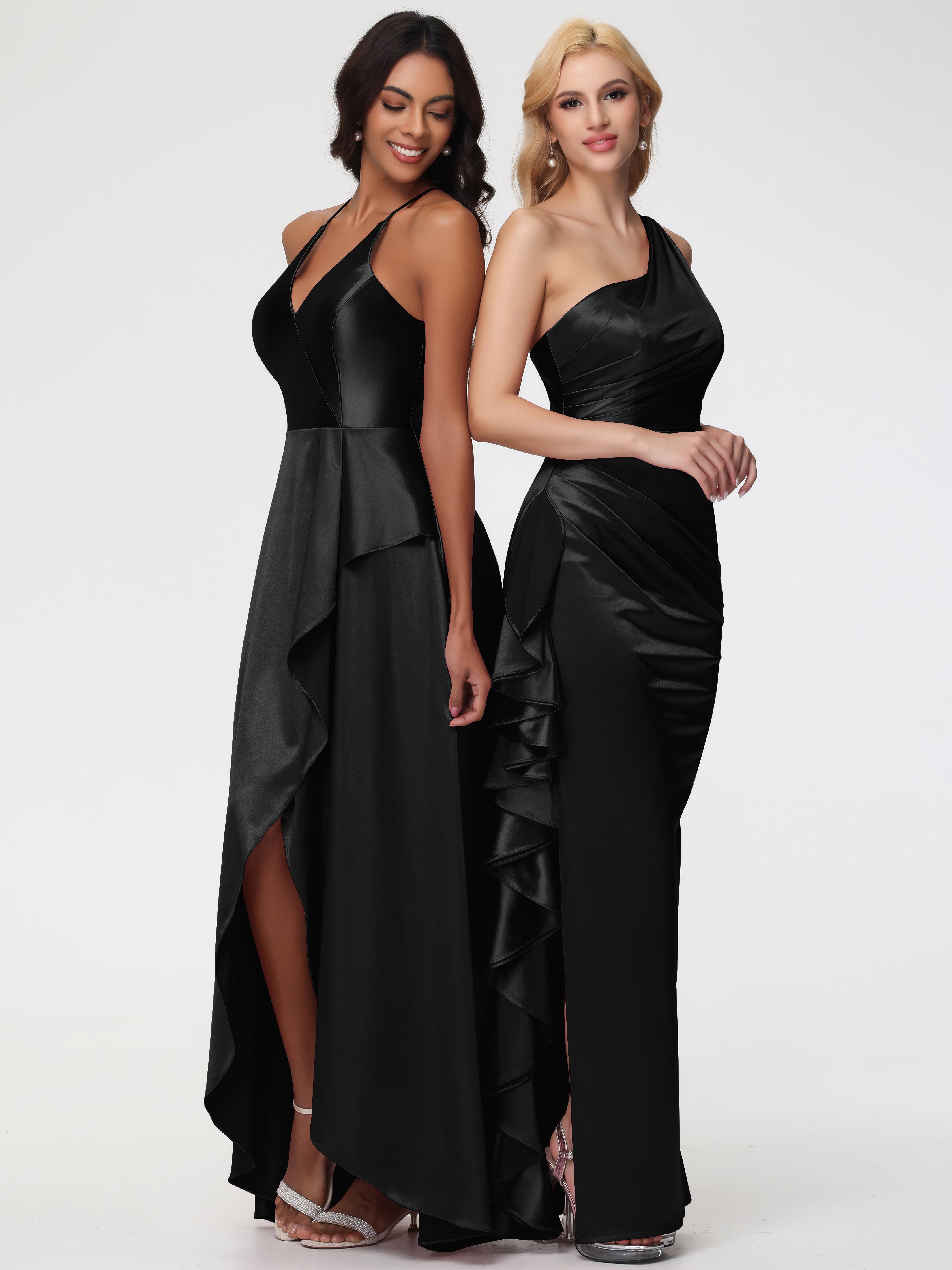 Robe Demoiselle D Honneur Noir Seule-épaule Robe Plisée Fourreau/Colonne Fendue Satin Extensible Robe De Demoiselle D'Honneur