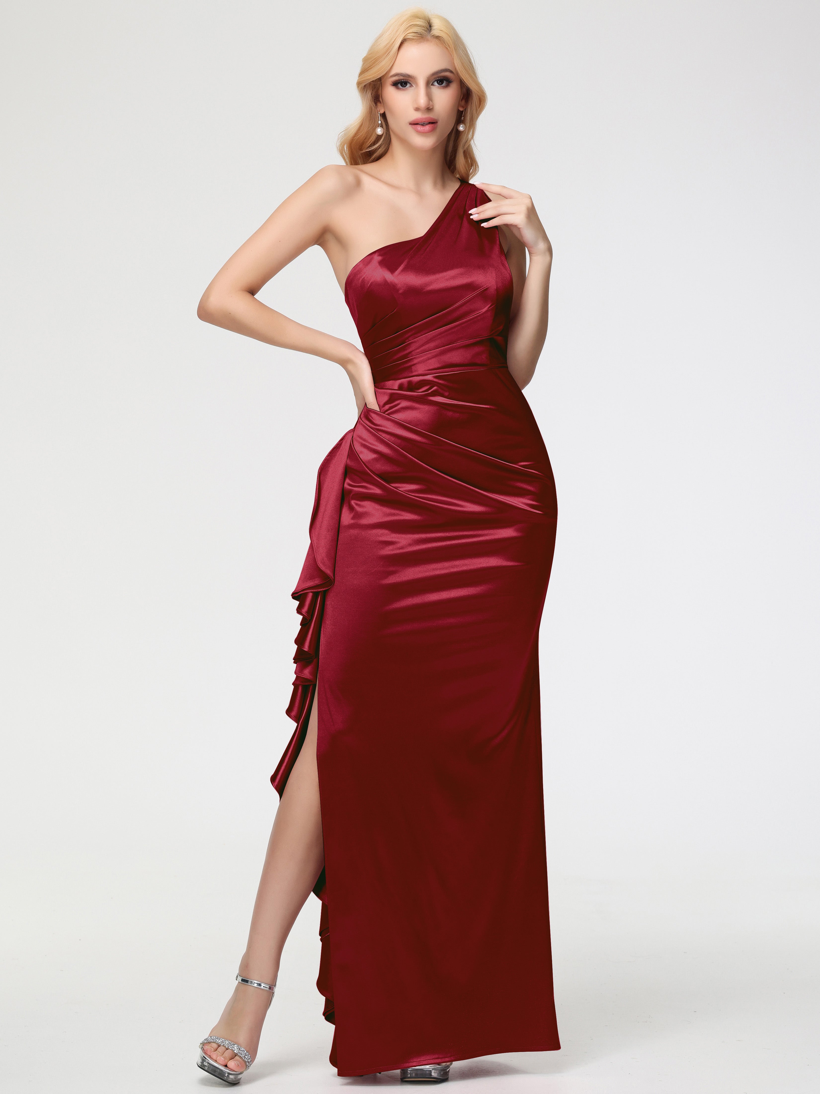 Robe Bordeaux Mariage Demoiselle D Honneur Seule-épaule Robe Plisée Fourreau/Colonne Fendue Satin Extensible Robe De Demoiselle D'Honneur