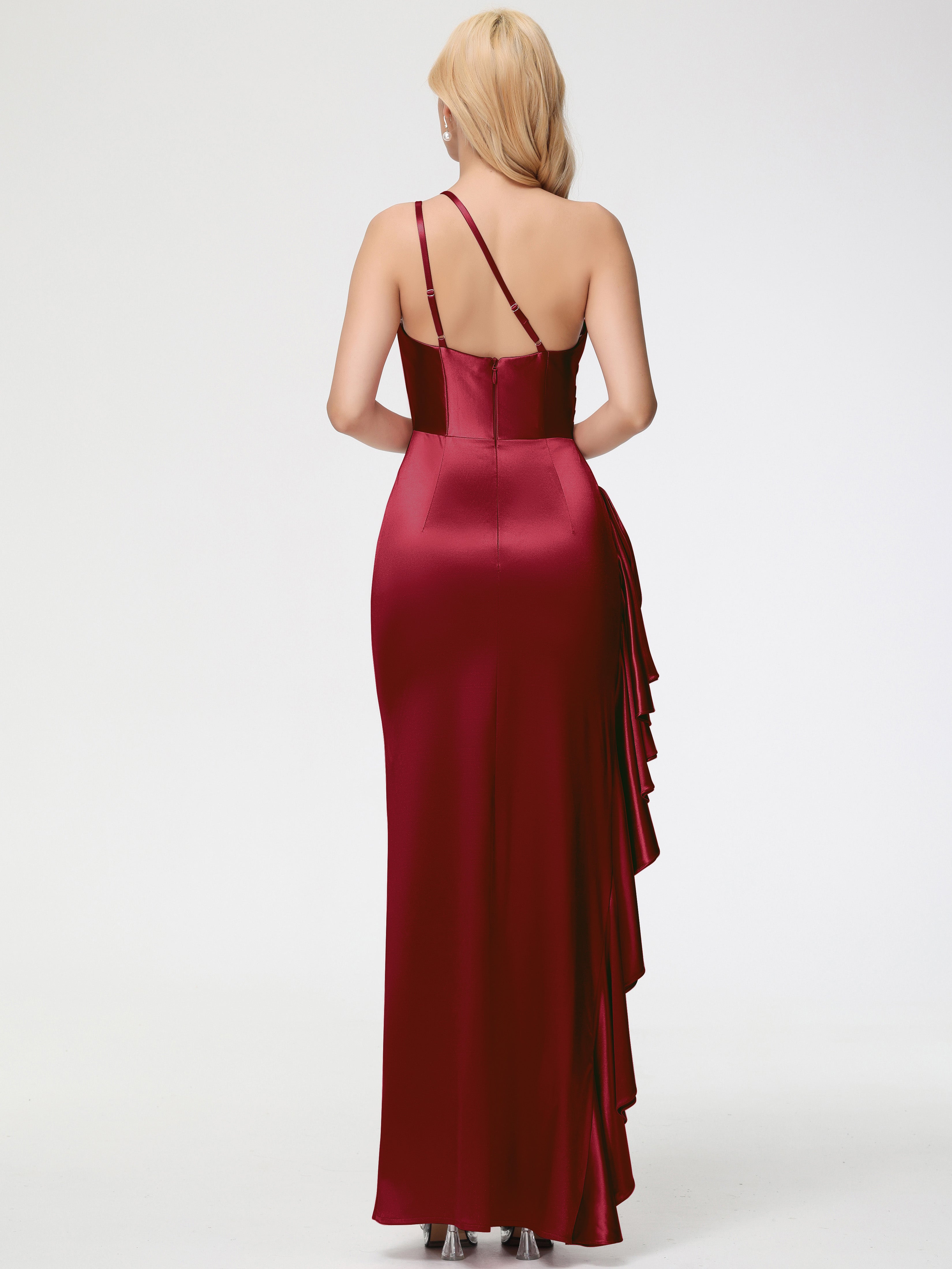 Robe Bordeaux Mariage Demoiselle D Honneur Seule-épaule Robe Plisée Fourreau/Colonne Fendue Satin Extensible Robe De Demoiselle D'Honneur