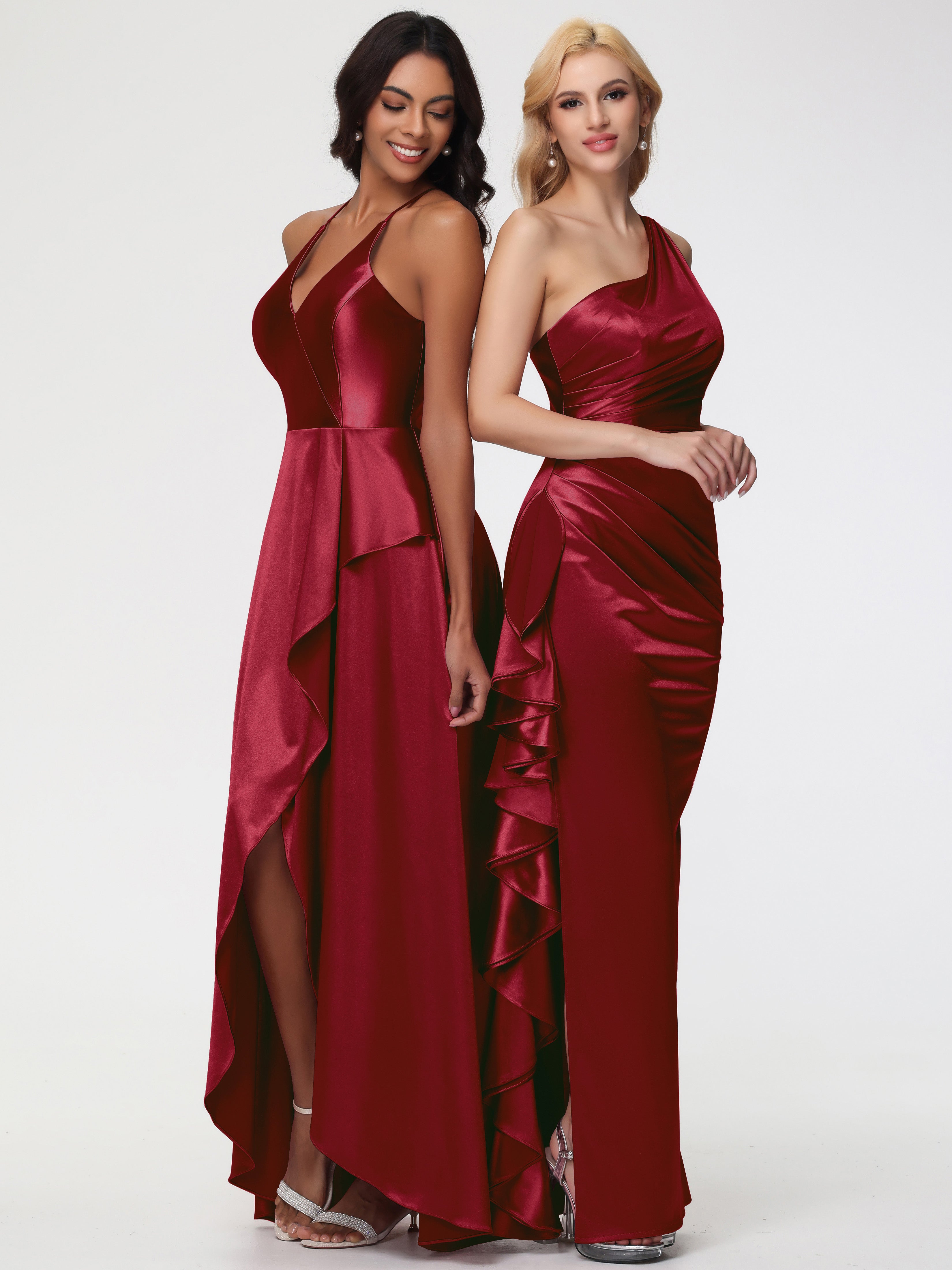 Robe Bordeaux Mariage Demoiselle D Honneur Seule-épaule Robe Plisée Fourreau/Colonne Fendue Satin Extensible Robe De Demoiselle D'Honneur