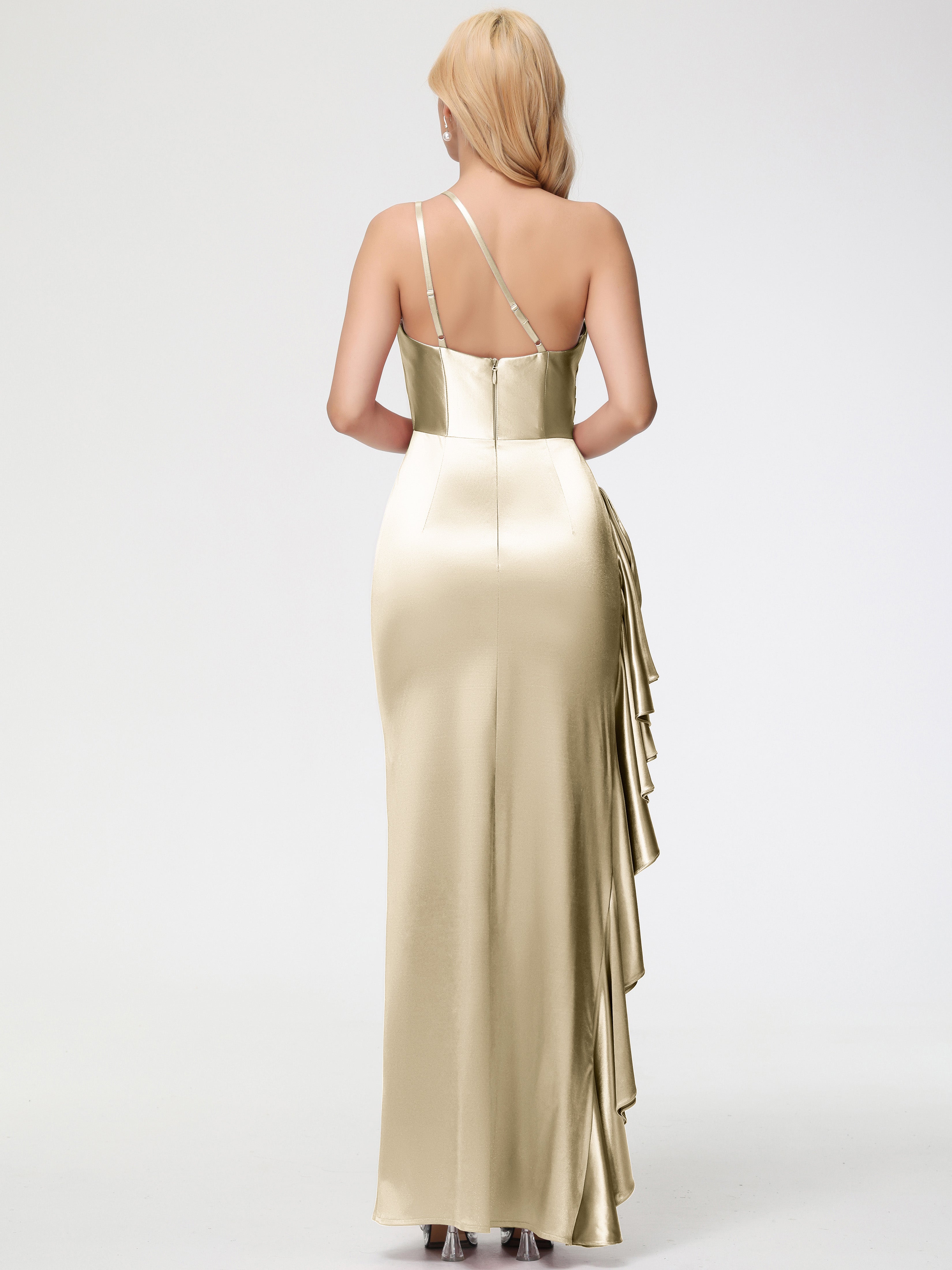 Robe Demoiselle D Honneur Couleur Champagne Seule-épaule Robe Plisée Fourreau/Colonne Fendue Satin Extensible Robe De Demoiselle D'Honneur