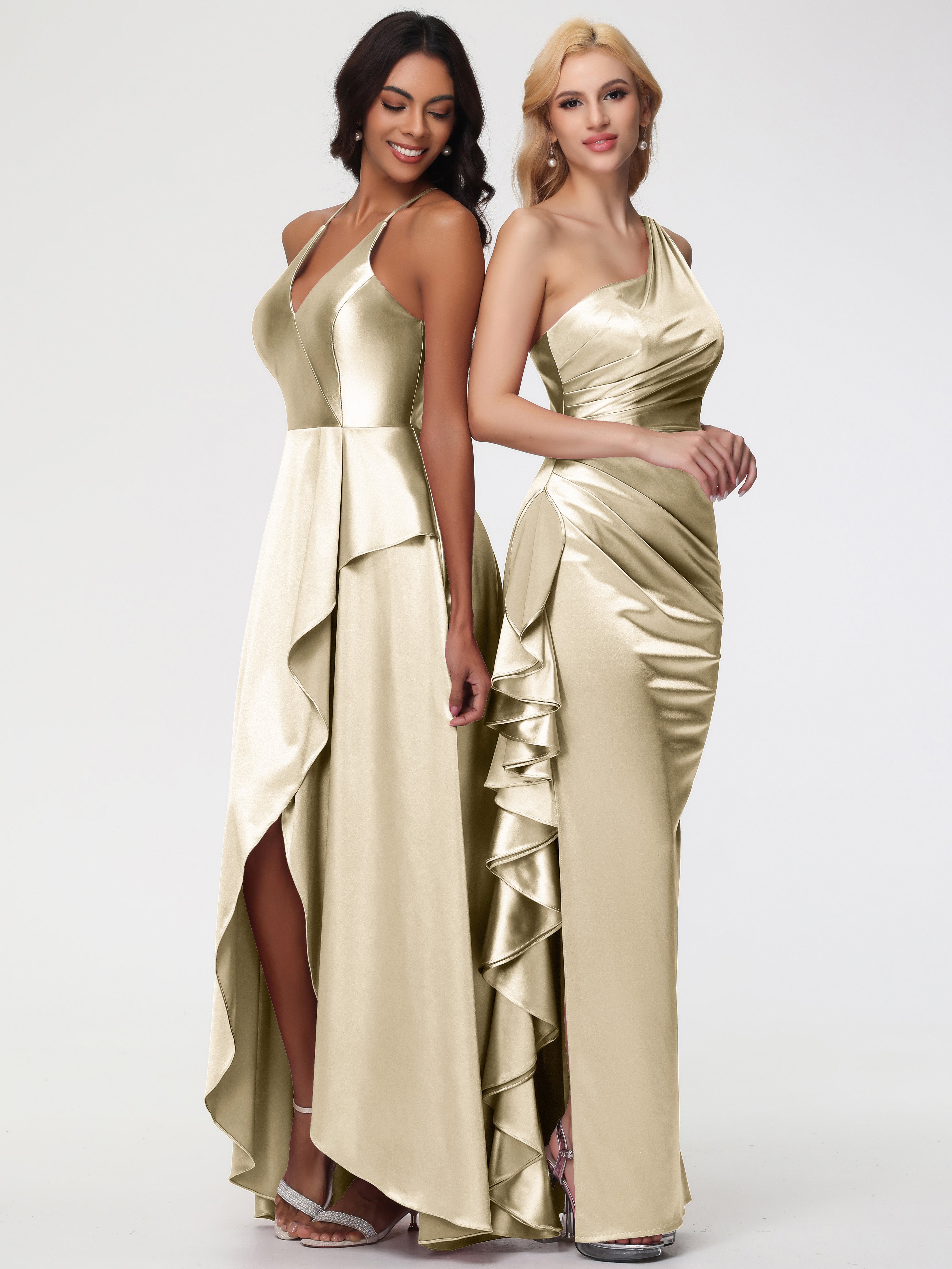 Robe Demoiselle D Honneur Couleur Champagne Seule-épaule Robe Plisée Fourreau/Colonne Fendue Satin Extensible Robe De Demoiselle D'Honneur