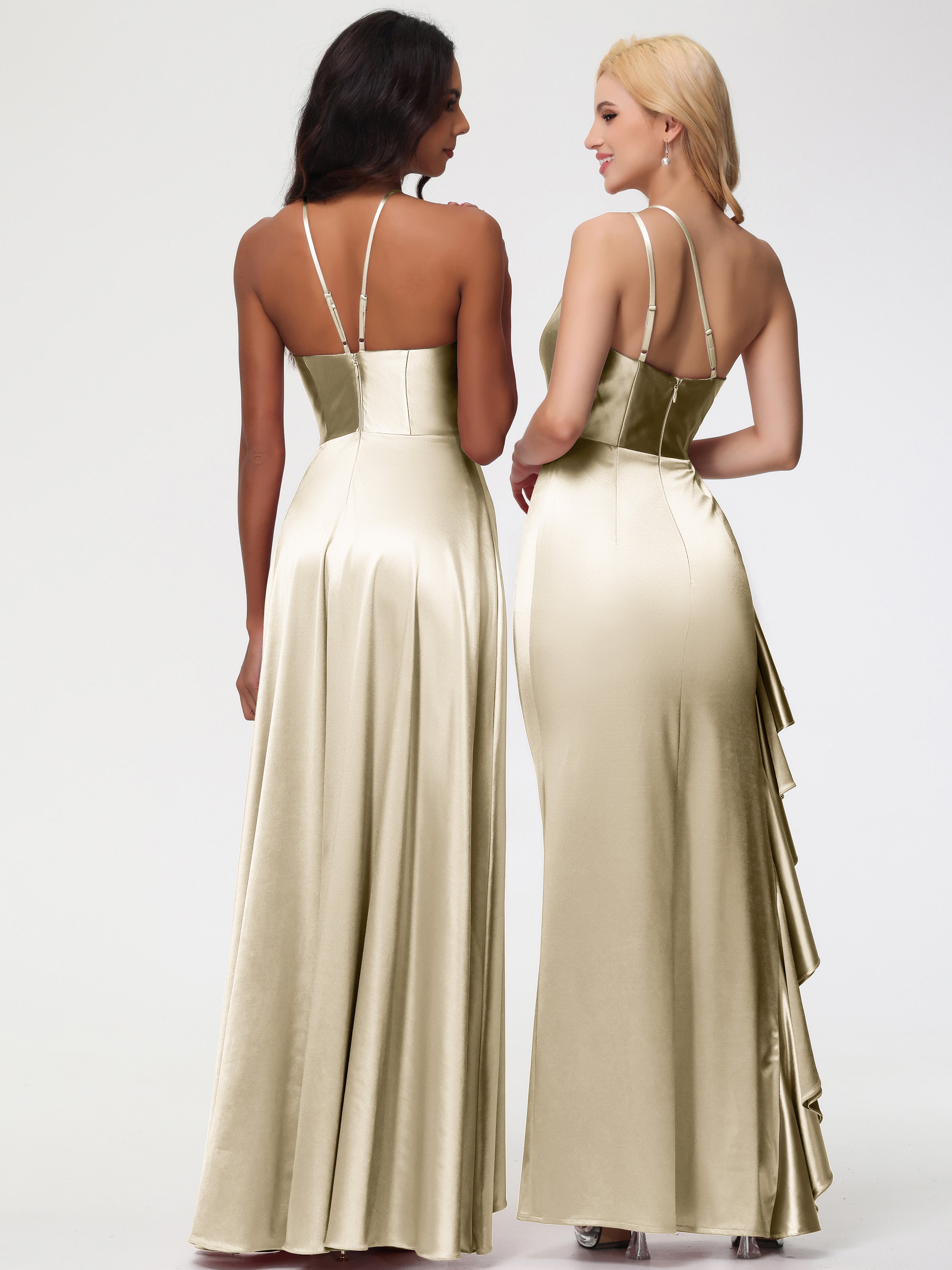 Robe Demoiselle D Honneur Couleur Champagne Seule-épaule Robe Plisée Fourreau/Colonne Fendue Satin Extensible Robe De Demoiselle D'Honneur