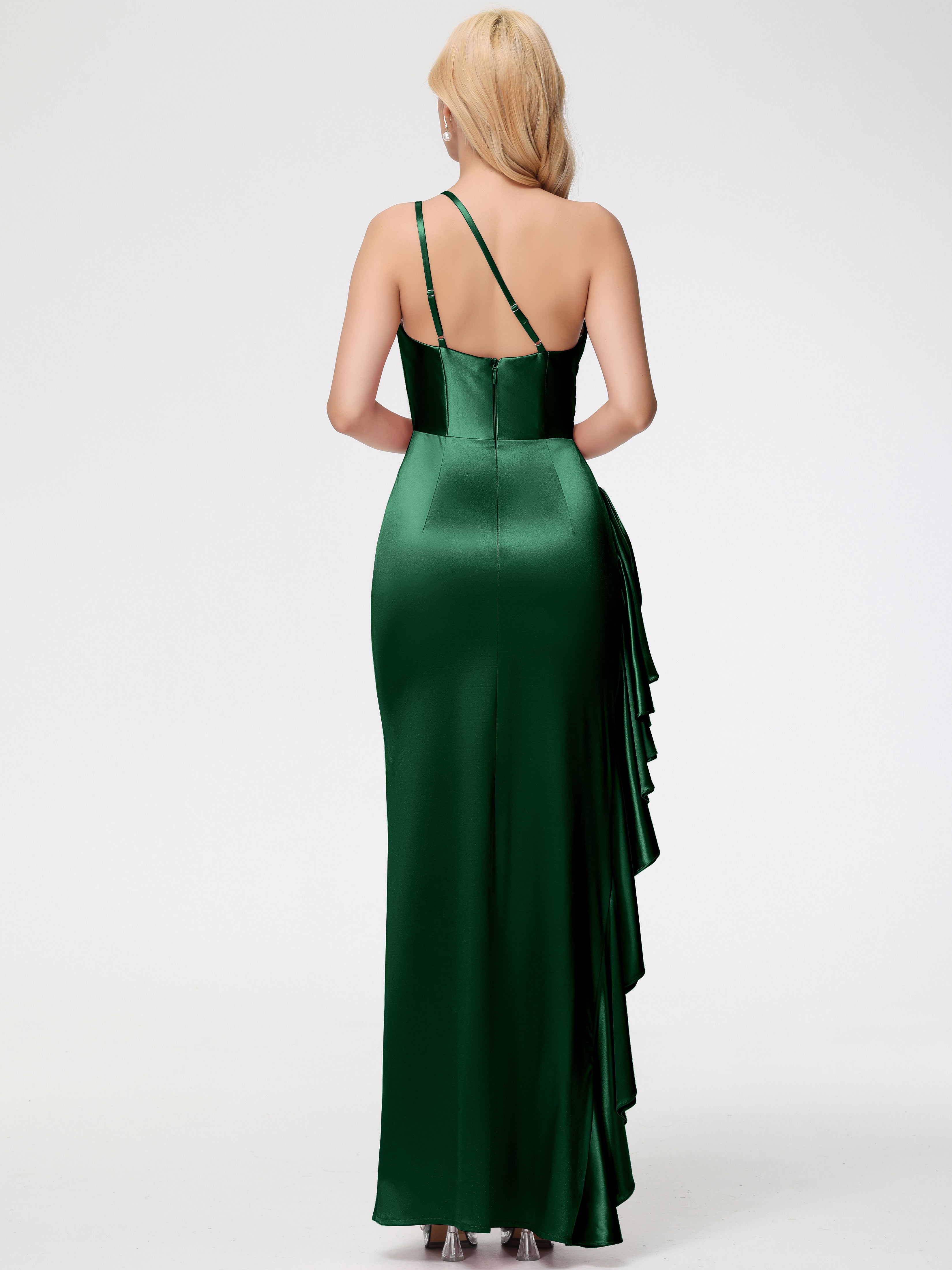 Robes De Demoiselle D'Honneur VERT FONCÉ Seule-épaule Robe Plisée Fourreau/Colonne Fendue Satin Extensible