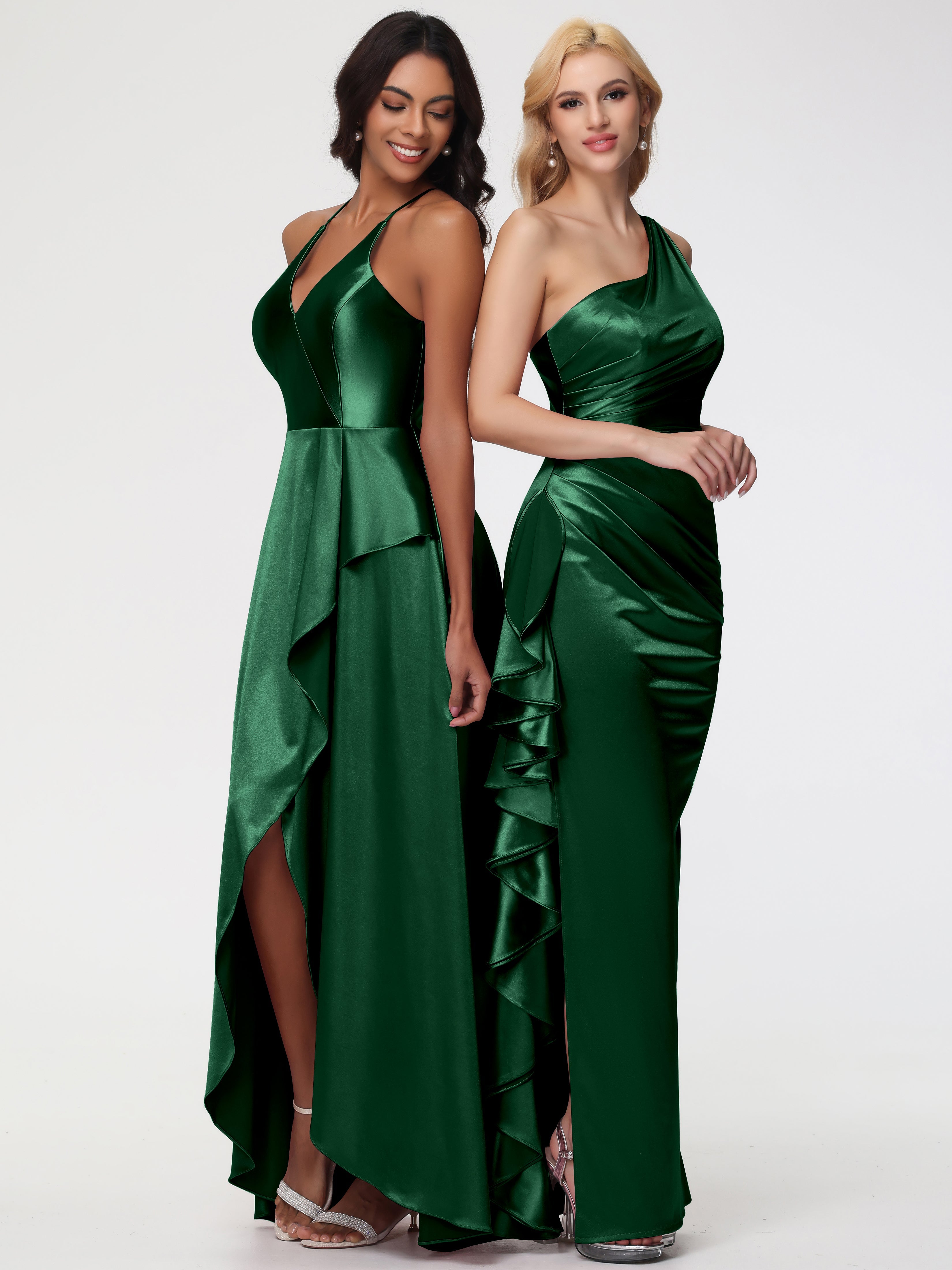 Robes De Demoiselle D'Honneur VERT FONCÉ Seule-épaule Robe Plisée Fourreau/Colonne Fendue Satin Extensible