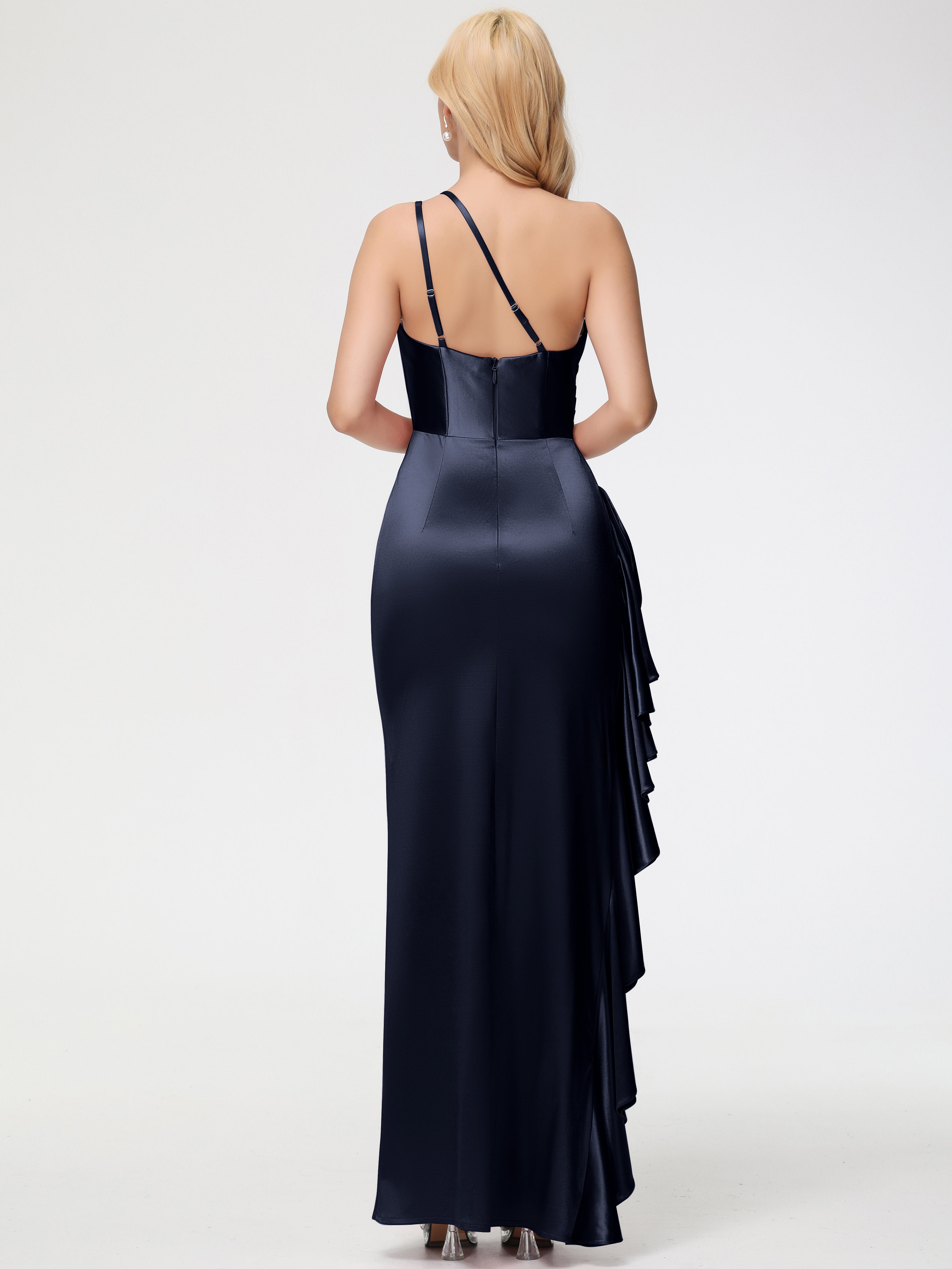 Robe Bleu Marine Demoiselle D Honneur Seule-épaule Robe Plisée Fourreau/Colonne Fendue Satin Extensible Robe De Demoiselle D'Honneur