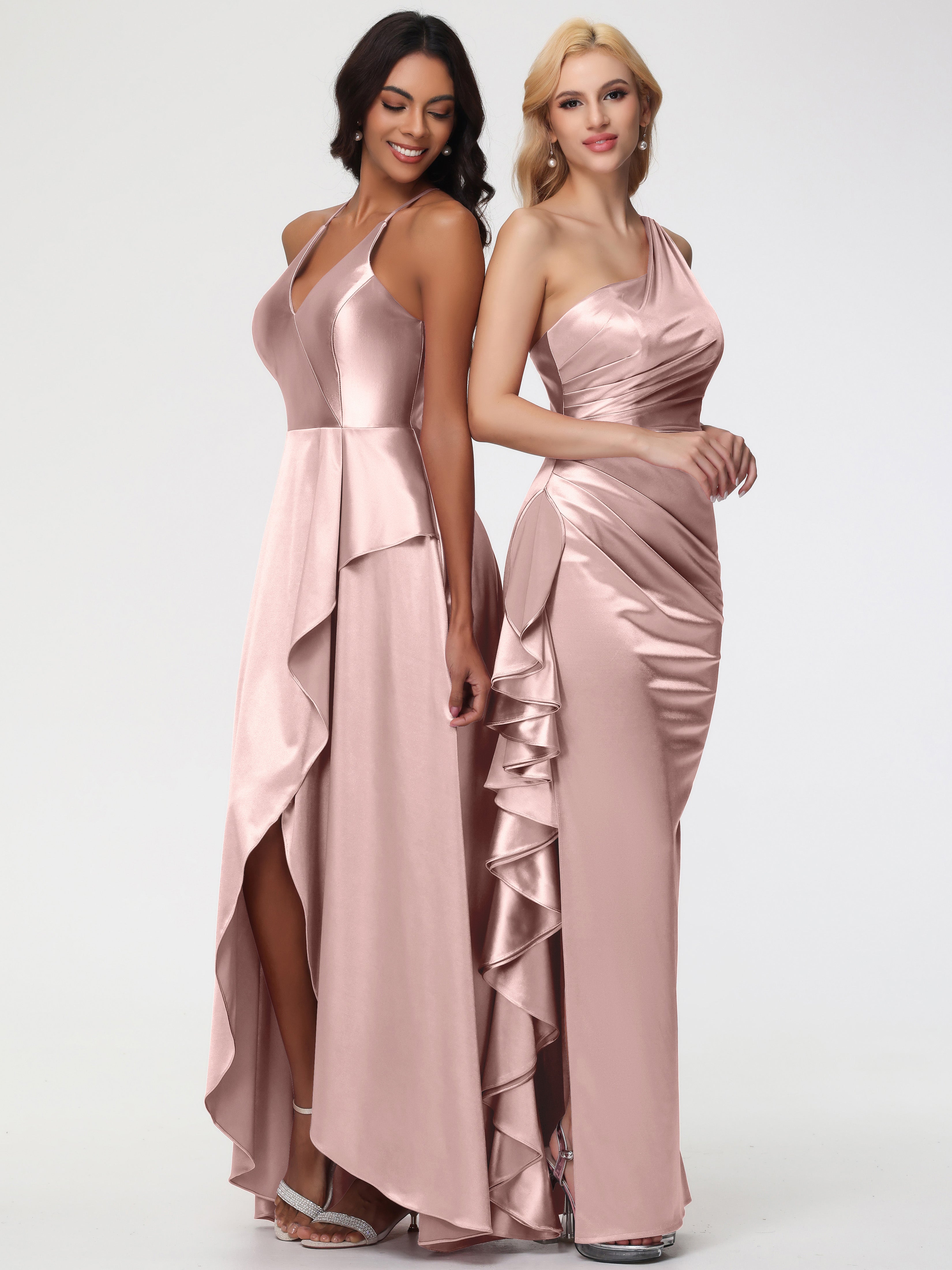 Robe Demoiselle D Honneur Rose Poudre Seule-épaule Robe Plisée Fourreau/Colonne Fendue Satin Extensible Robe De Demoiselle D'Honneur