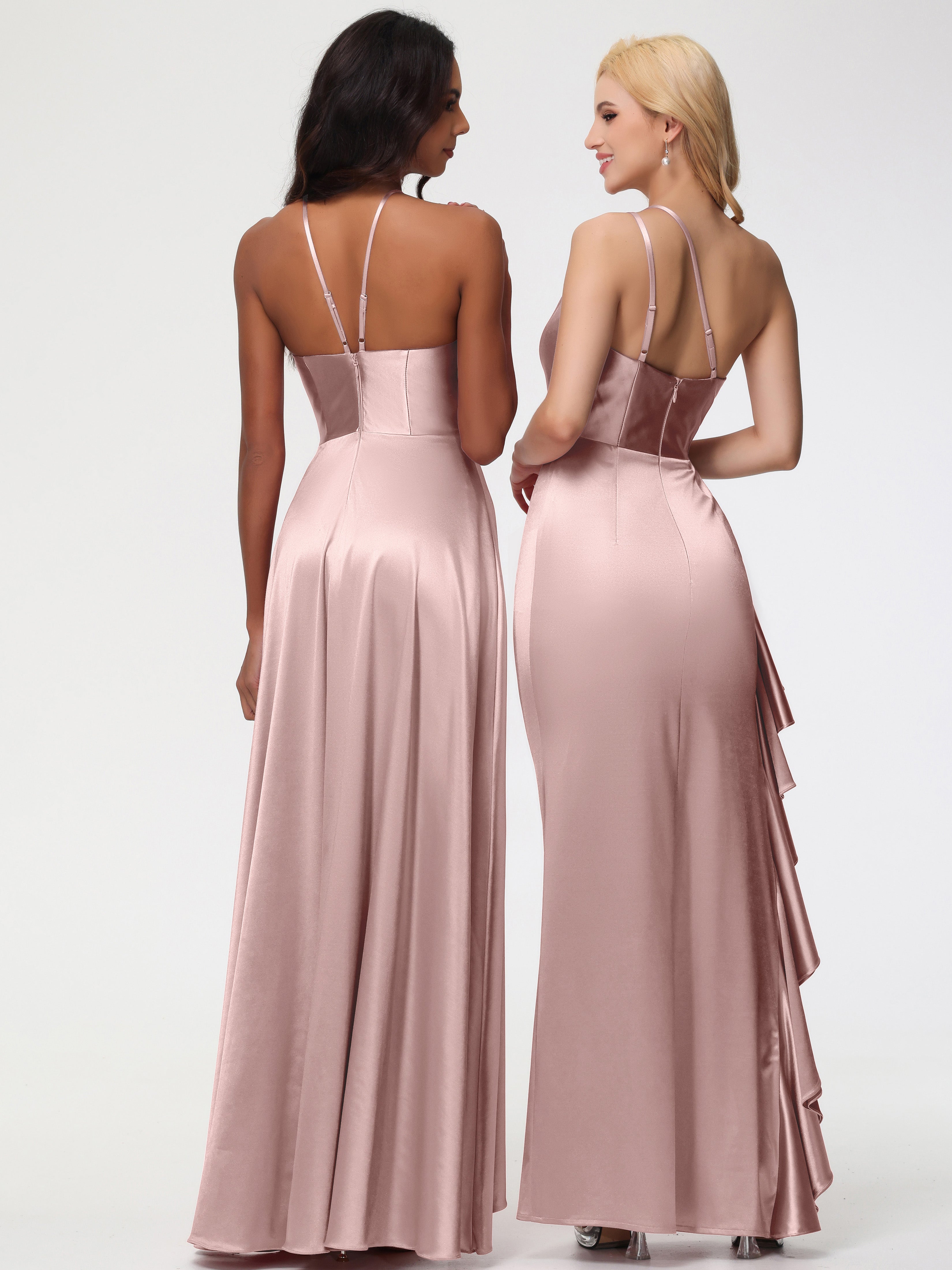 Robe Demoiselle D Honneur Rose Poudre Seule-épaule Robe Plisée Fourreau/Colonne Fendue Satin Extensible Robe De Demoiselle D'Honneur