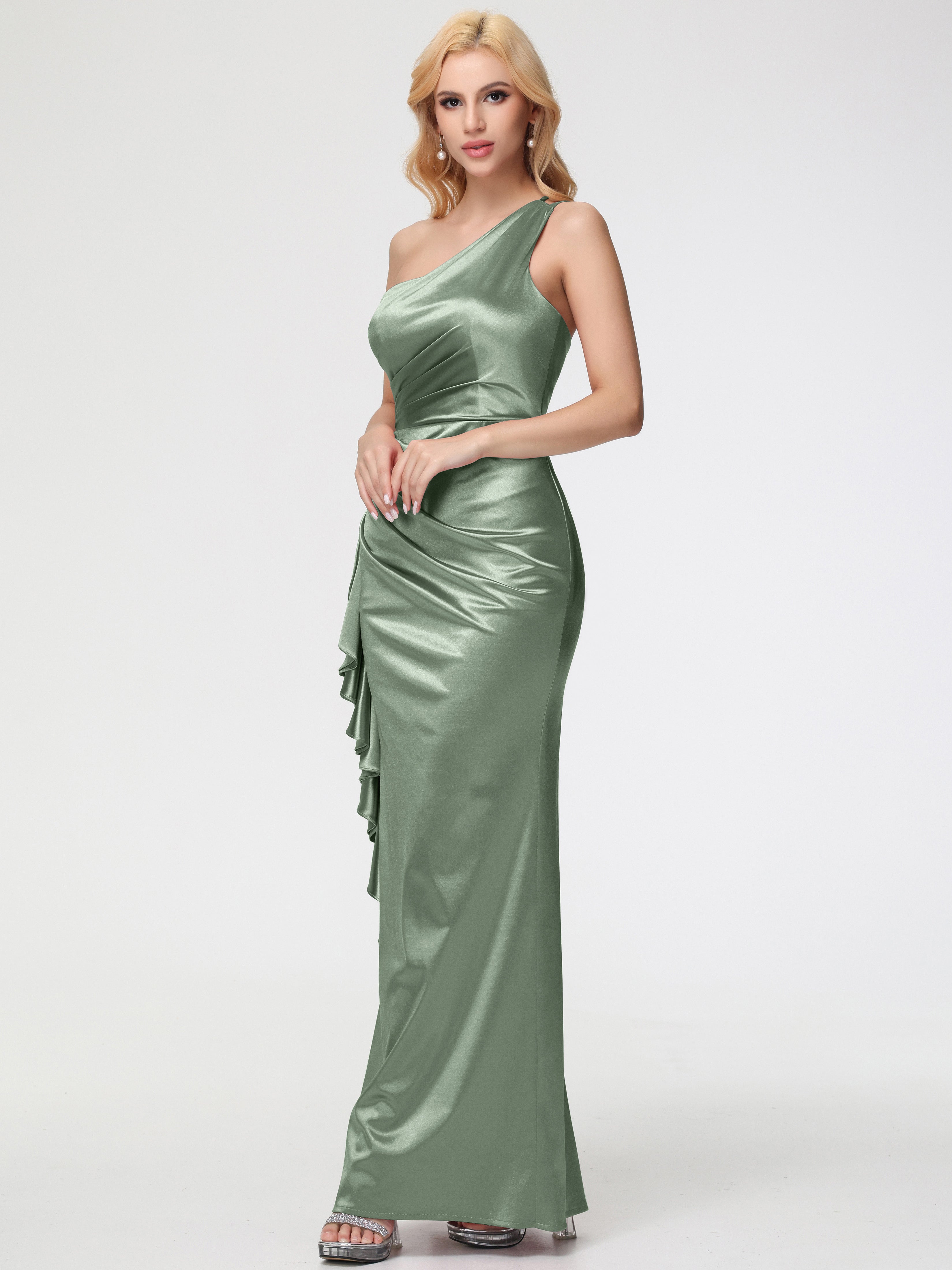 Robe Demoiselle D Honneur Sauge Poudré Seule-épaule Robe Plisée Fourreau/Colonne Fendue Satin Extensible