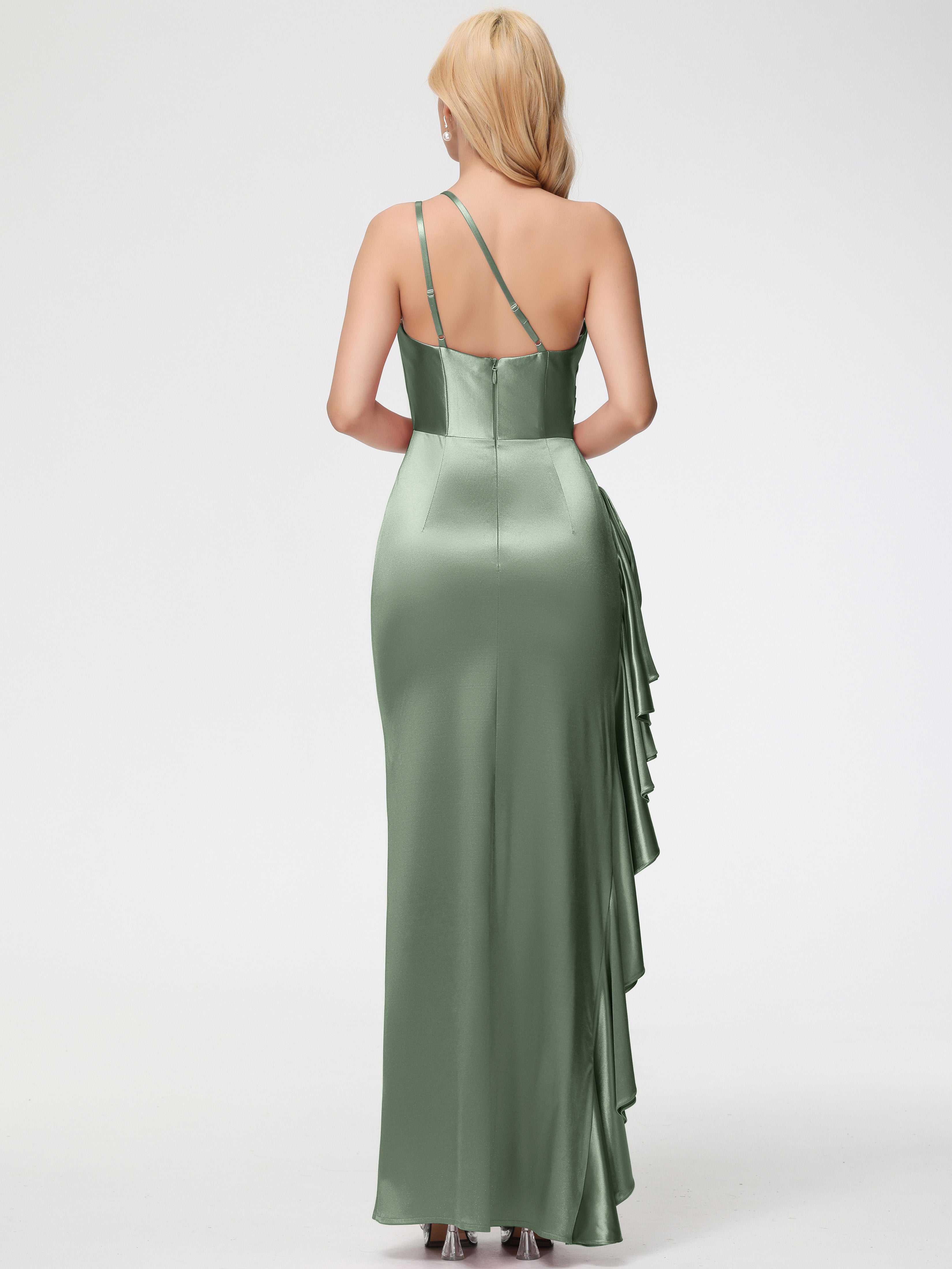 Robe Demoiselle D Honneur Sauge Poudré Seule-épaule Robe Plisée Fourreau/Colonne Fendue Satin Extensible