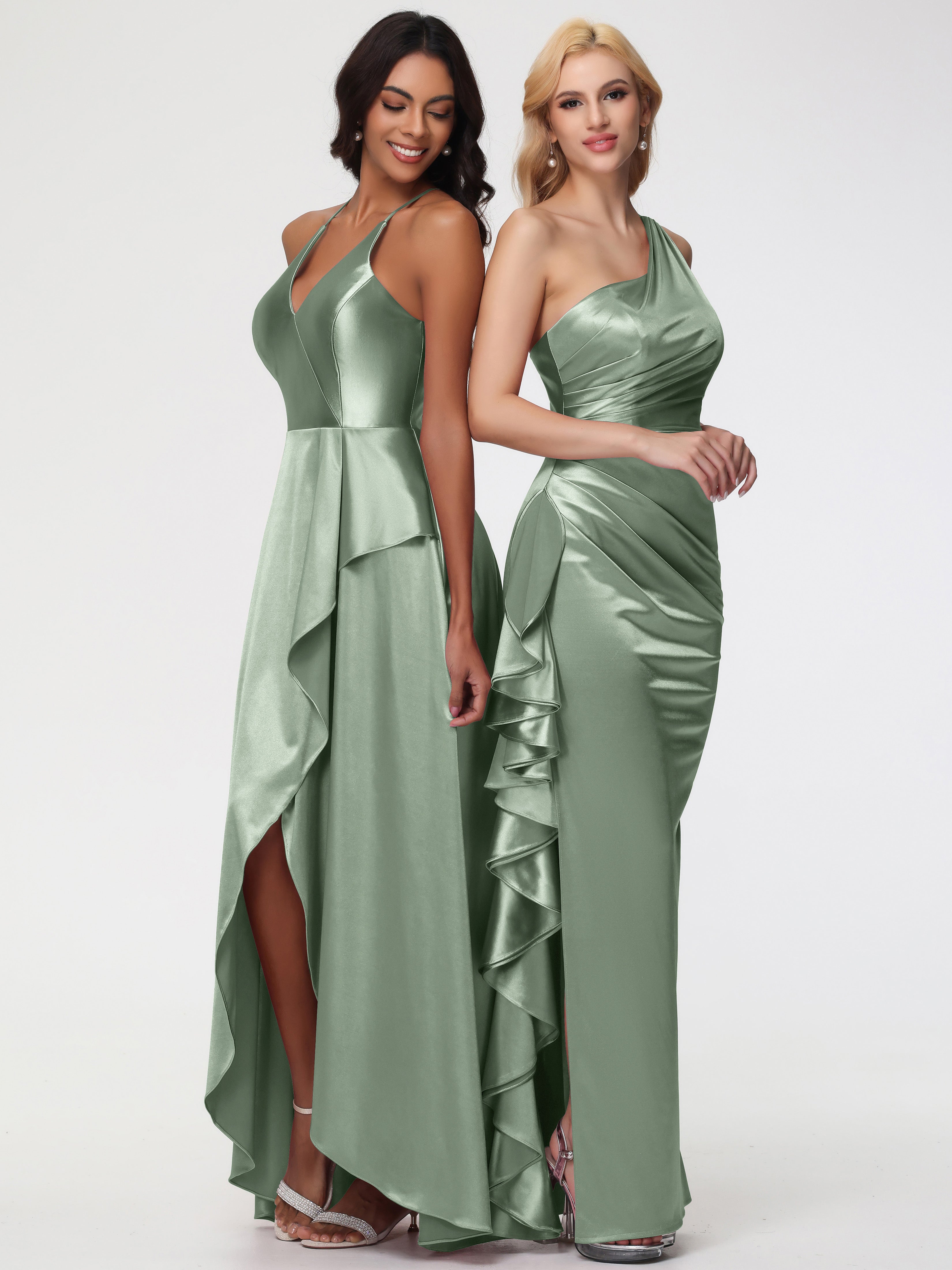 Robe Demoiselle D Honneur Sauge Poudré Seule-épaule Robe Plisée Fourreau/Colonne Fendue Satin Extensible
