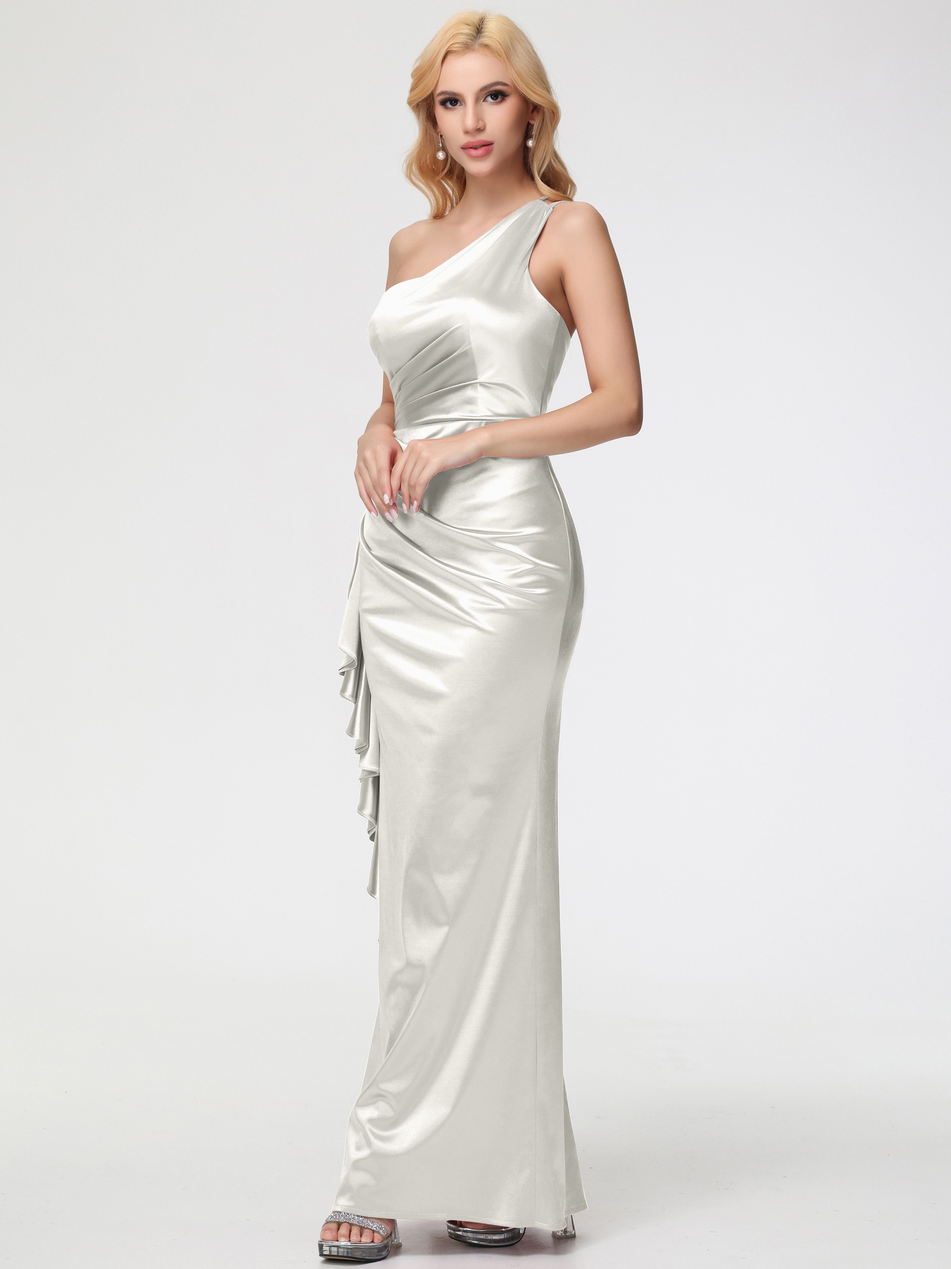 Robe Ivoire Demoiselle D Honneur Seule-épaule Robe Plisée Fourreau/Colonne Fendue Satin Extensible Robe De Demoiselle D'Honneur