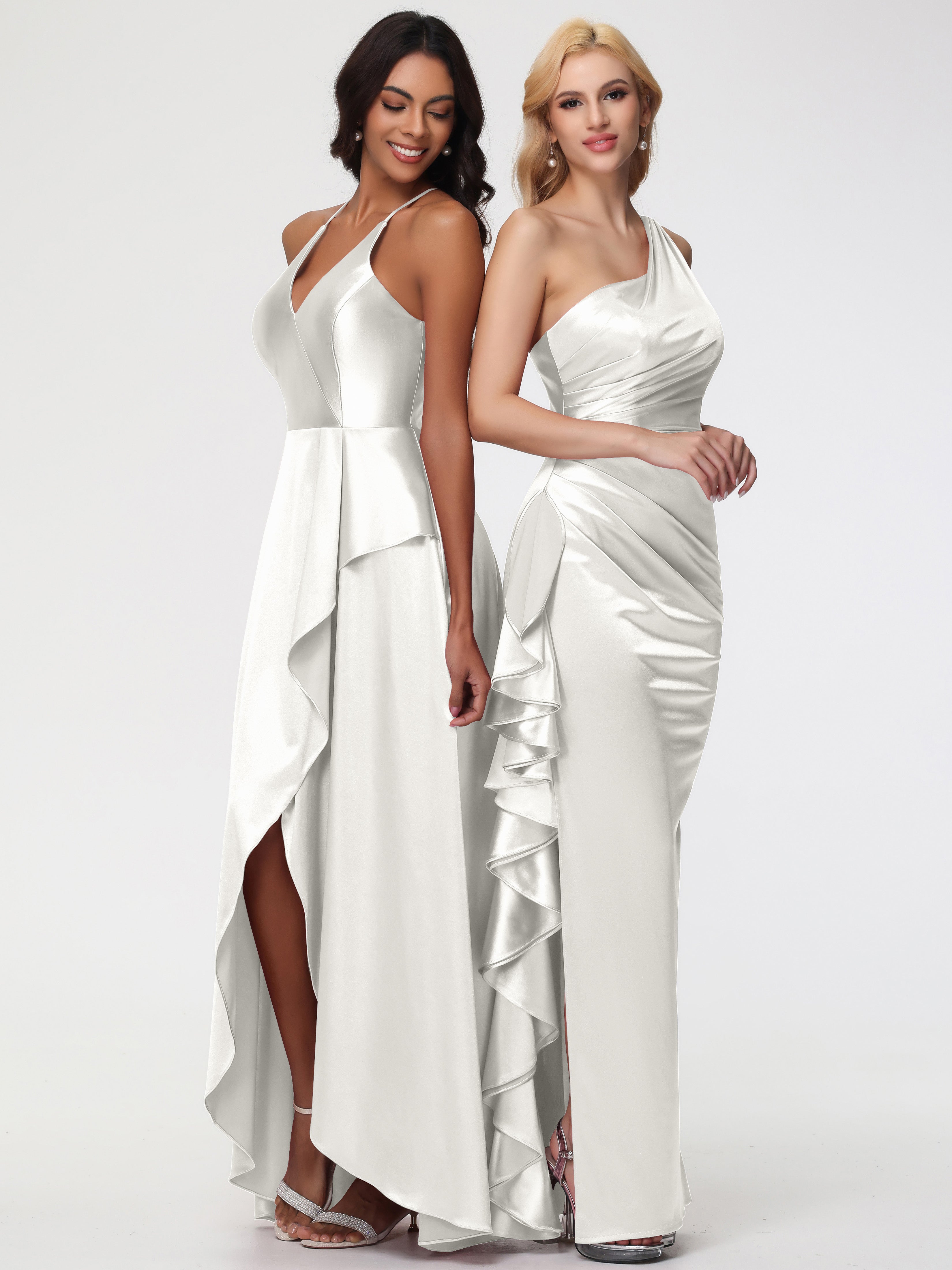 Robe Ivoire Demoiselle D Honneur Seule-épaule Robe Plisée Fourreau/Colonne Fendue Satin Extensible Robe De Demoiselle D'Honneur