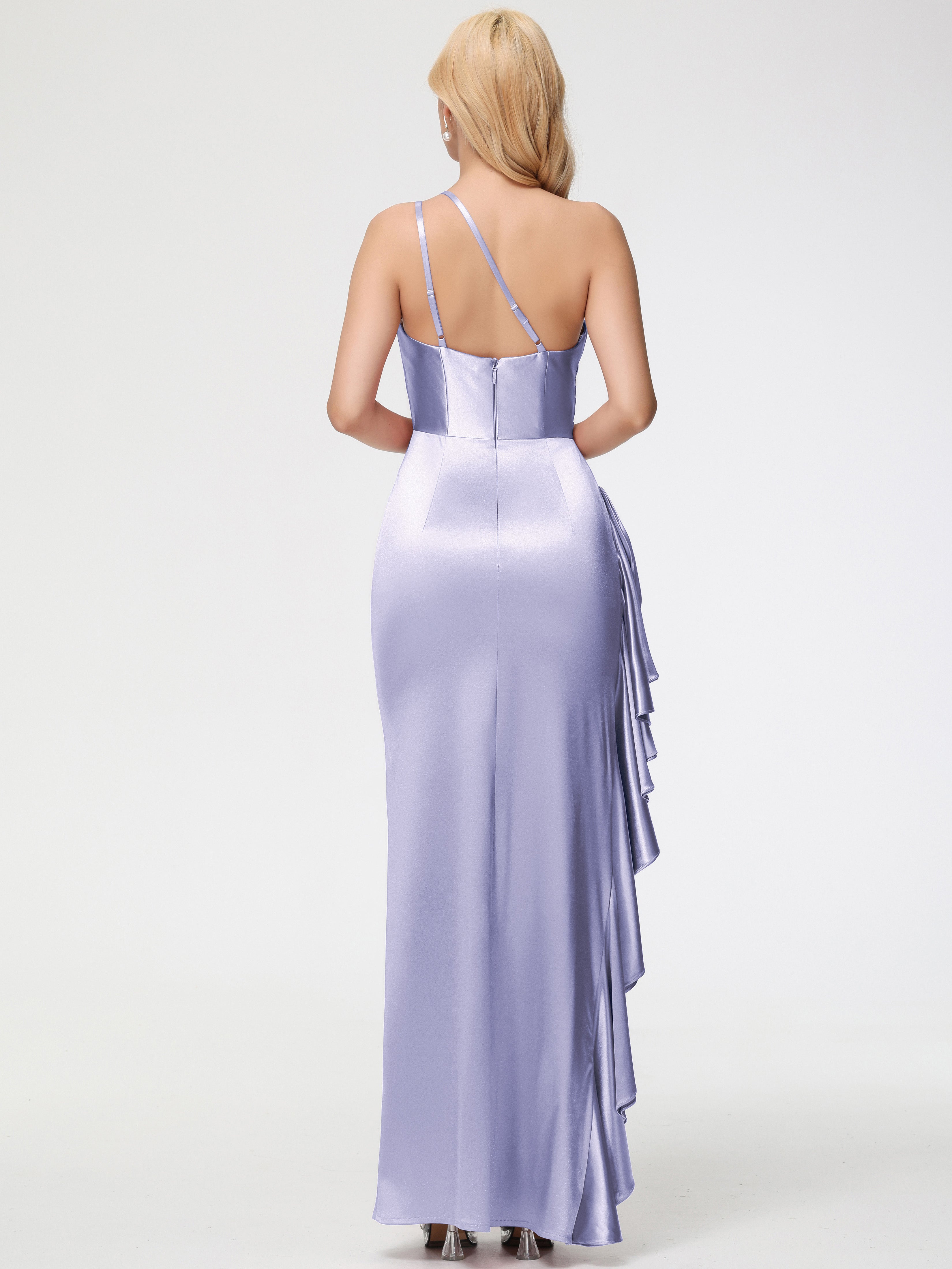 Robe Demoiselle D Honneur Lavande Seule-épaule Robe Plisée Fourreau/Colonne Fendue Satin Extensible Robe De Demoiselle D'Honneur