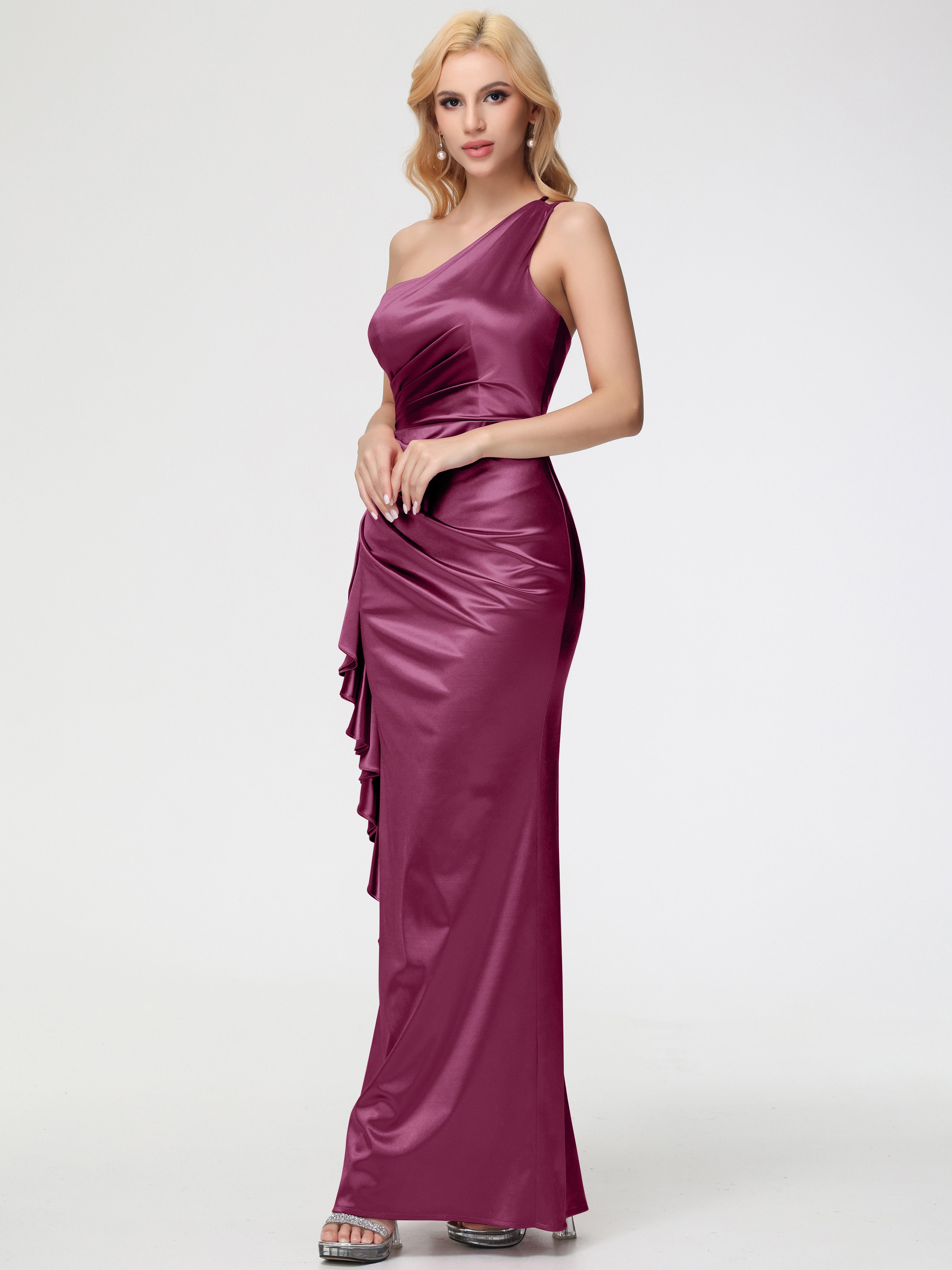 Robes De Demoiselle D'Honneur Mure Seule-épaule Robe Plisée Fourreau/Colonne Fendue Satin Extensible Robe De Demoiselle D'Honneur