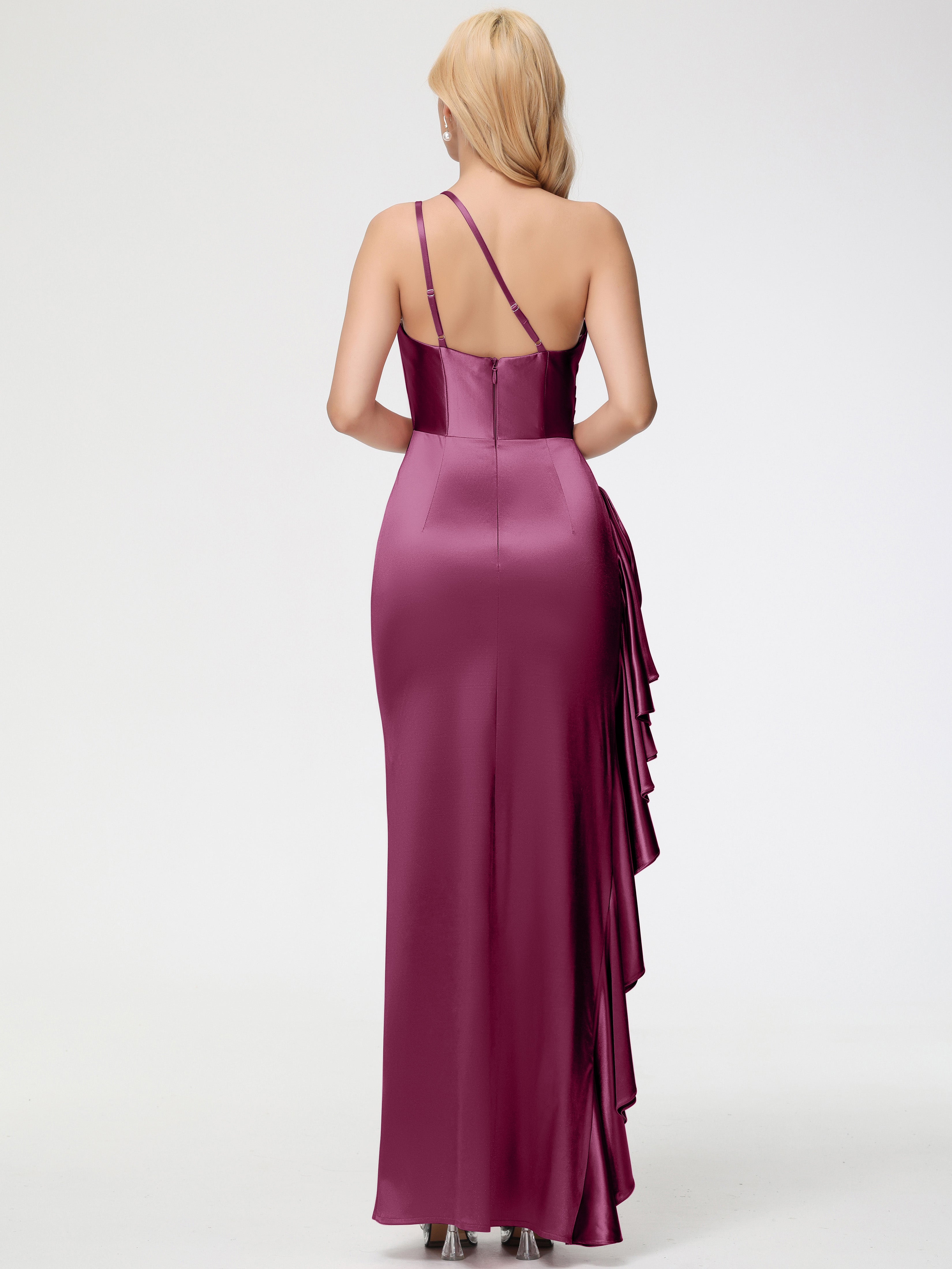 Robes De Demoiselle D'Honneur Mure Seule-épaule Robe Plisée Fourreau/Colonne Fendue Satin Extensible Robe De Demoiselle D'Honneur