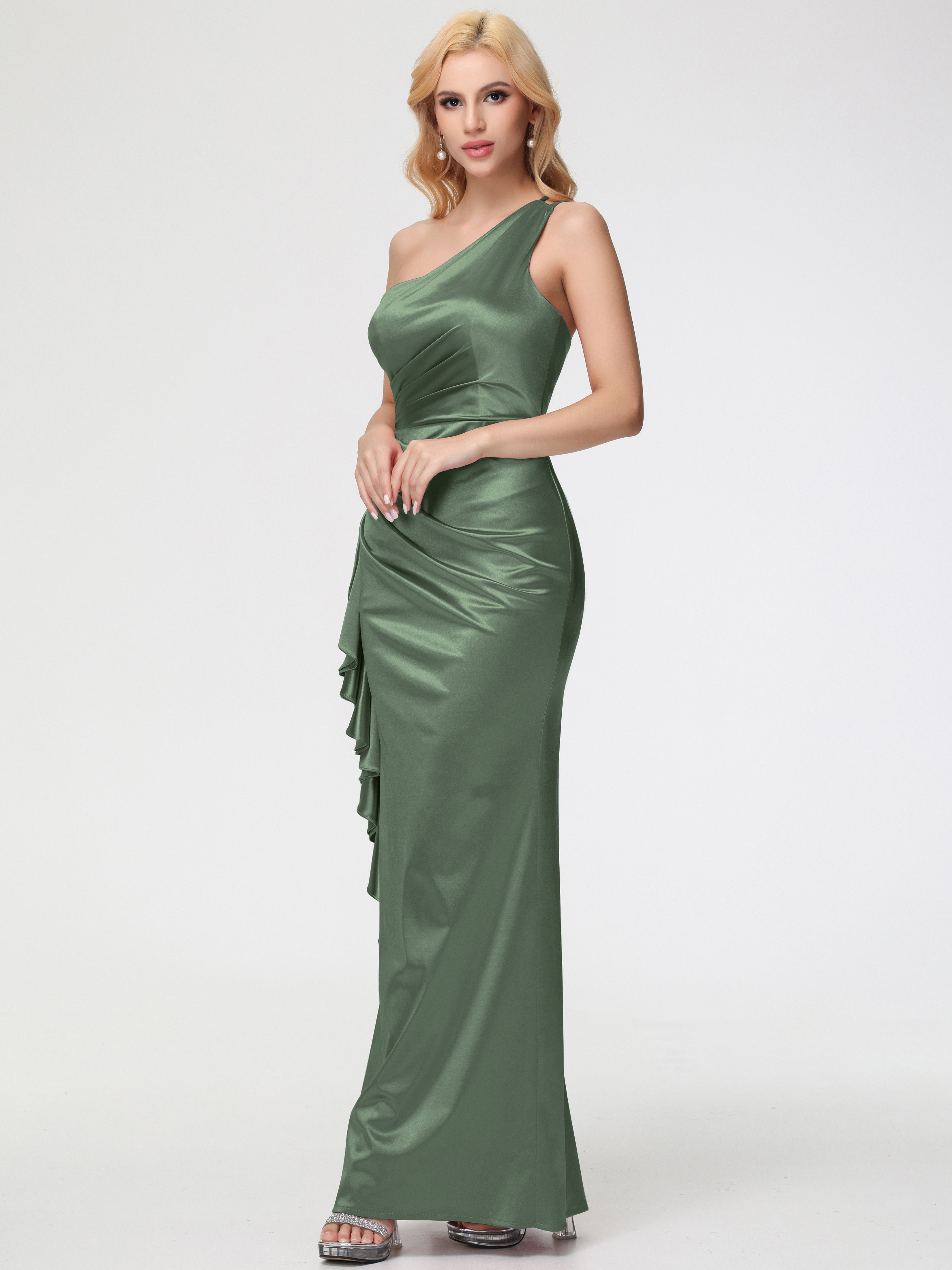 Robe Demoiselle D Honneur Olive Seule-épaule Robe Plisée Fourreau/Colonne Fendue Satin Extensible
