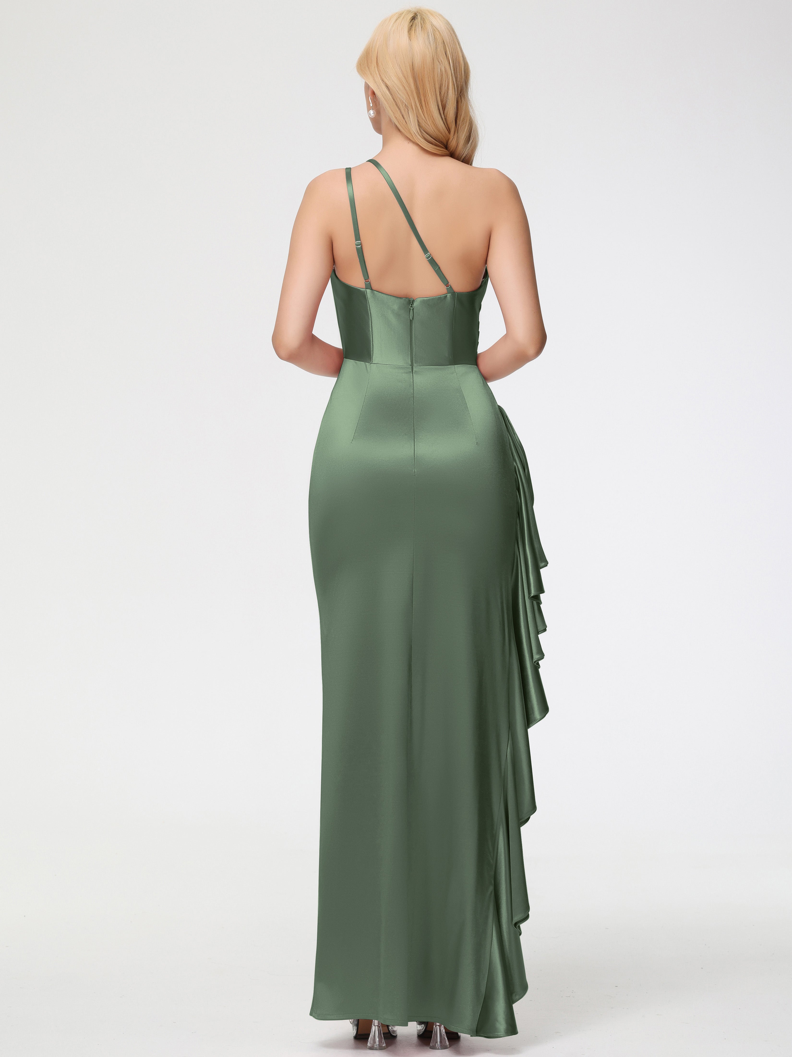 Robe Demoiselle D Honneur Olive Seule-épaule Robe Plisée Fourreau/Colonne Fendue Satin Extensible