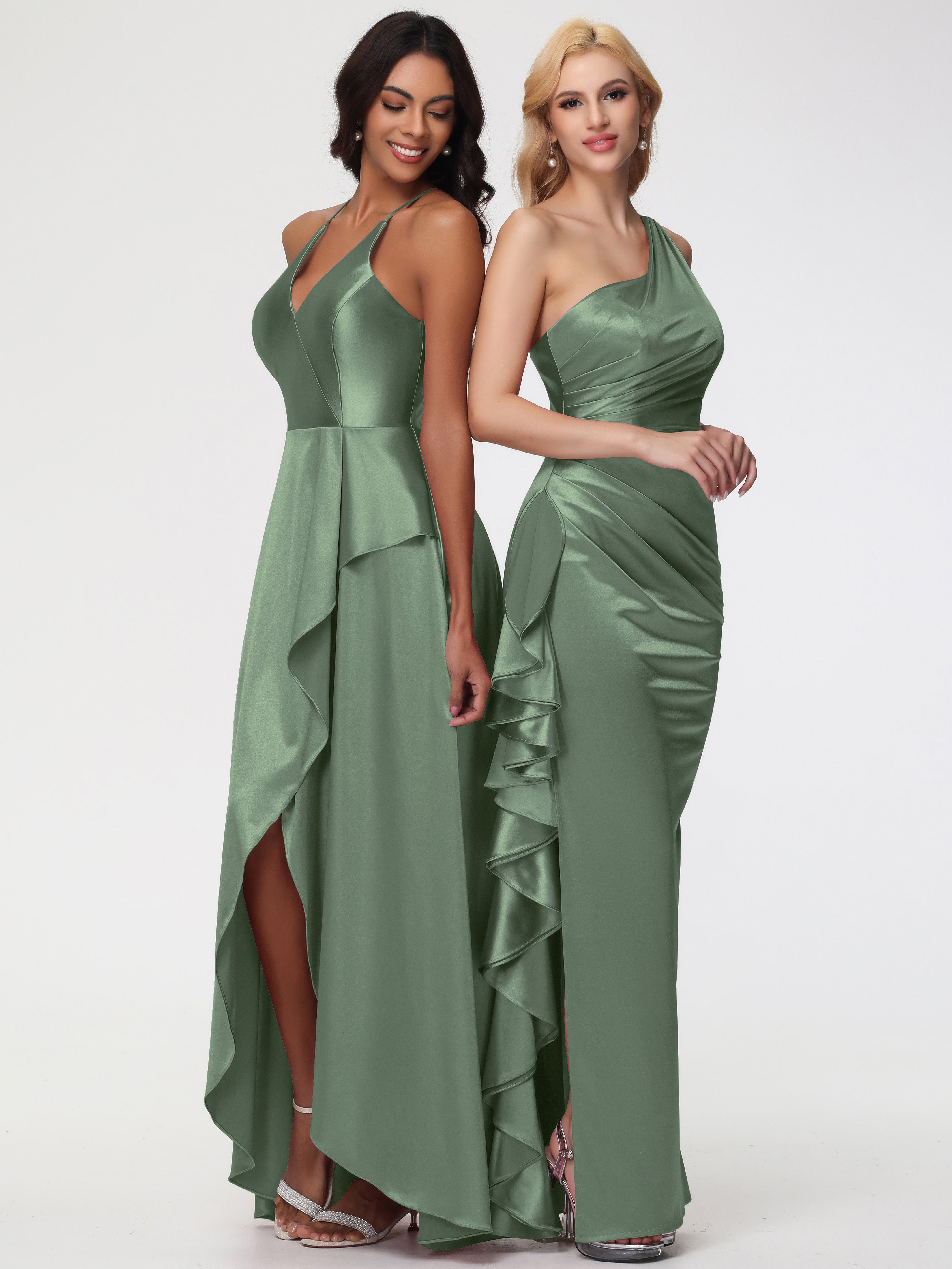 Robe Demoiselle D Honneur Olive Seule-épaule Robe Plisée Fourreau/Colonne Fendue Satin Extensible