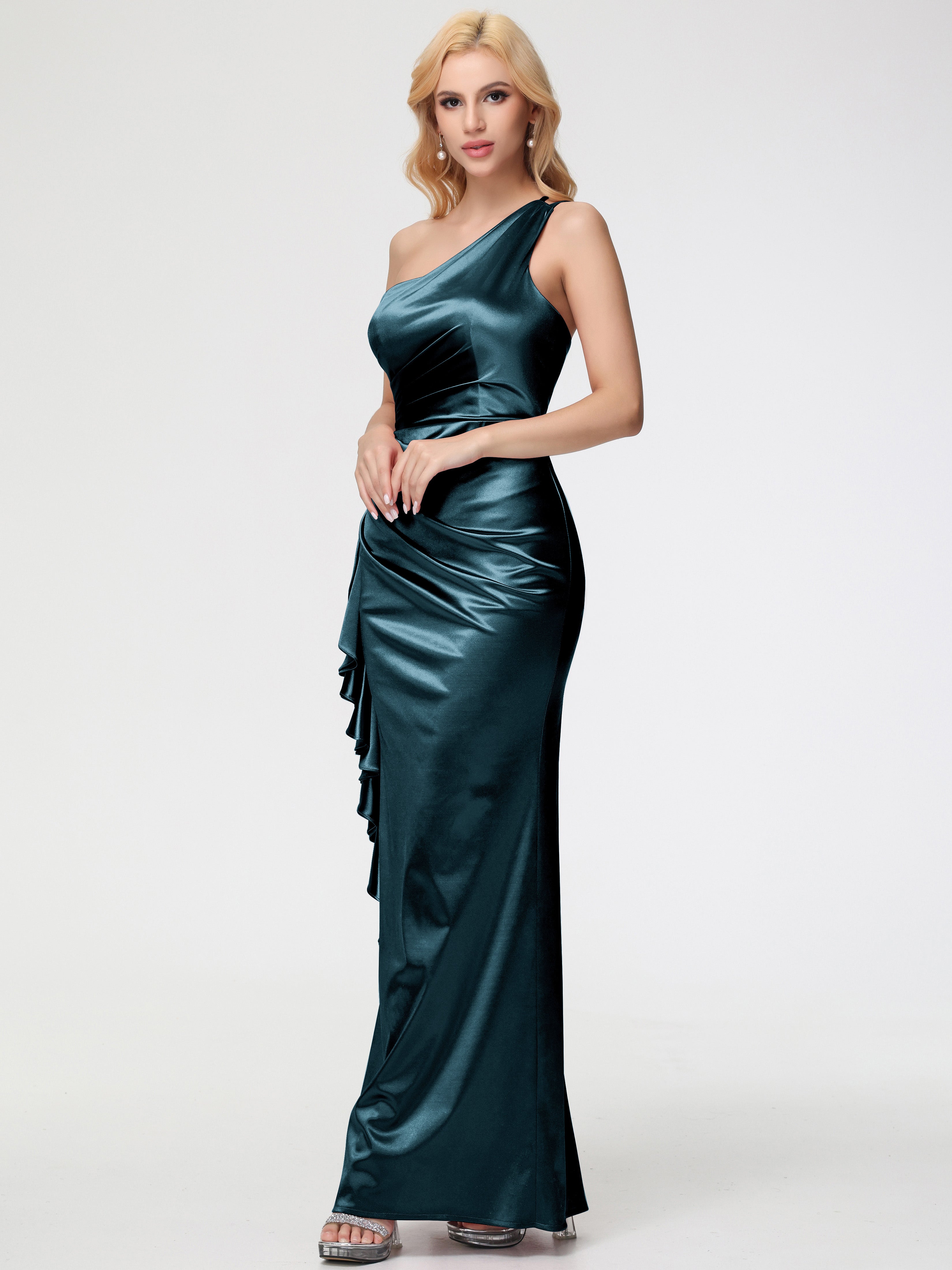 Robes De Demoiselle D'Honneur Bleu Paon Seule-épaule Robe Plisée Fourreau/Colonne Fendue Satin Extensible Robe De Demoiselle D'Honneur
