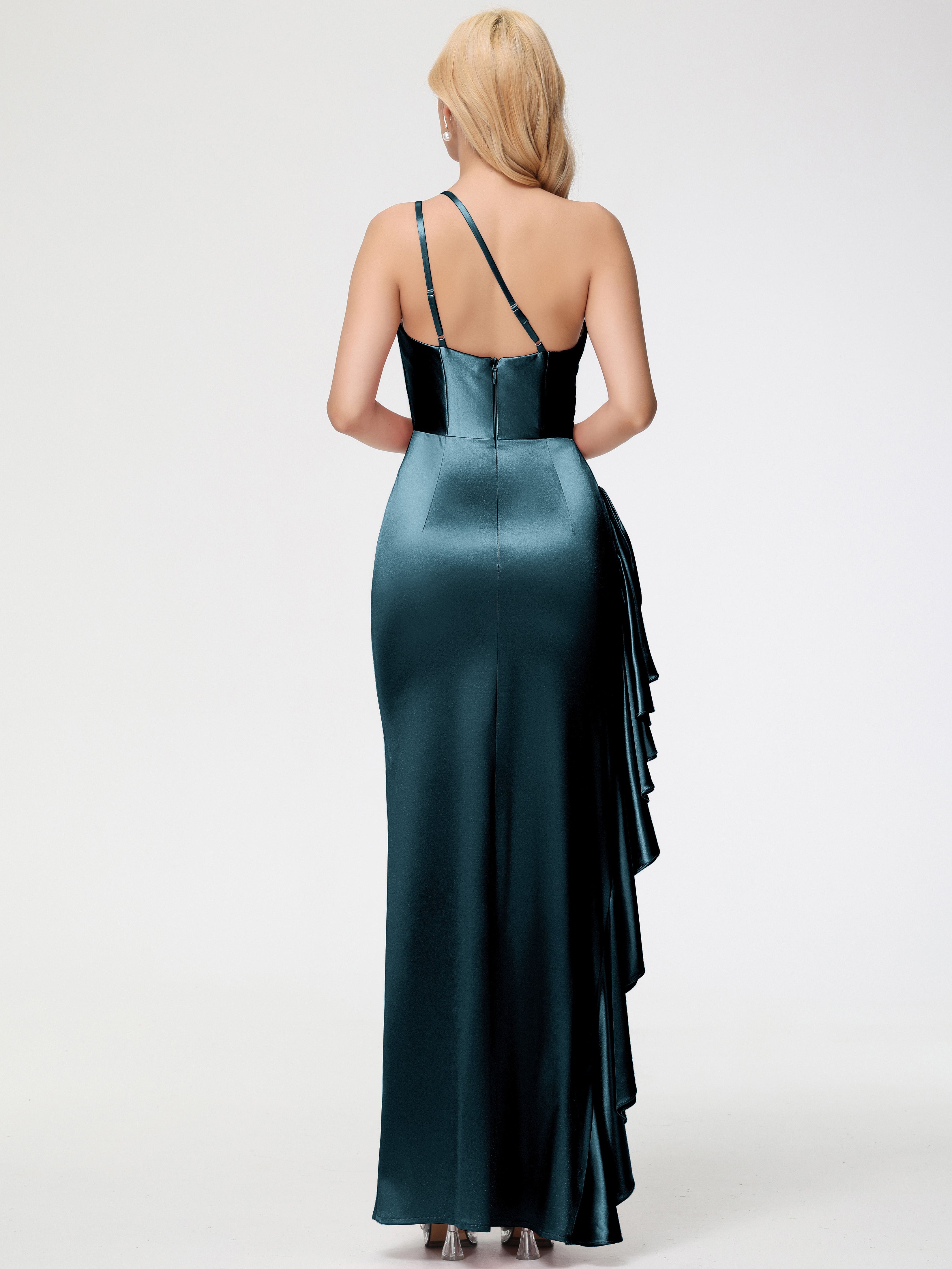 Robes De Demoiselle D'Honneur Bleu Paon Seule-épaule Robe Plisée Fourreau/Colonne Fendue Satin Extensible Robe De Demoiselle D'Honneur