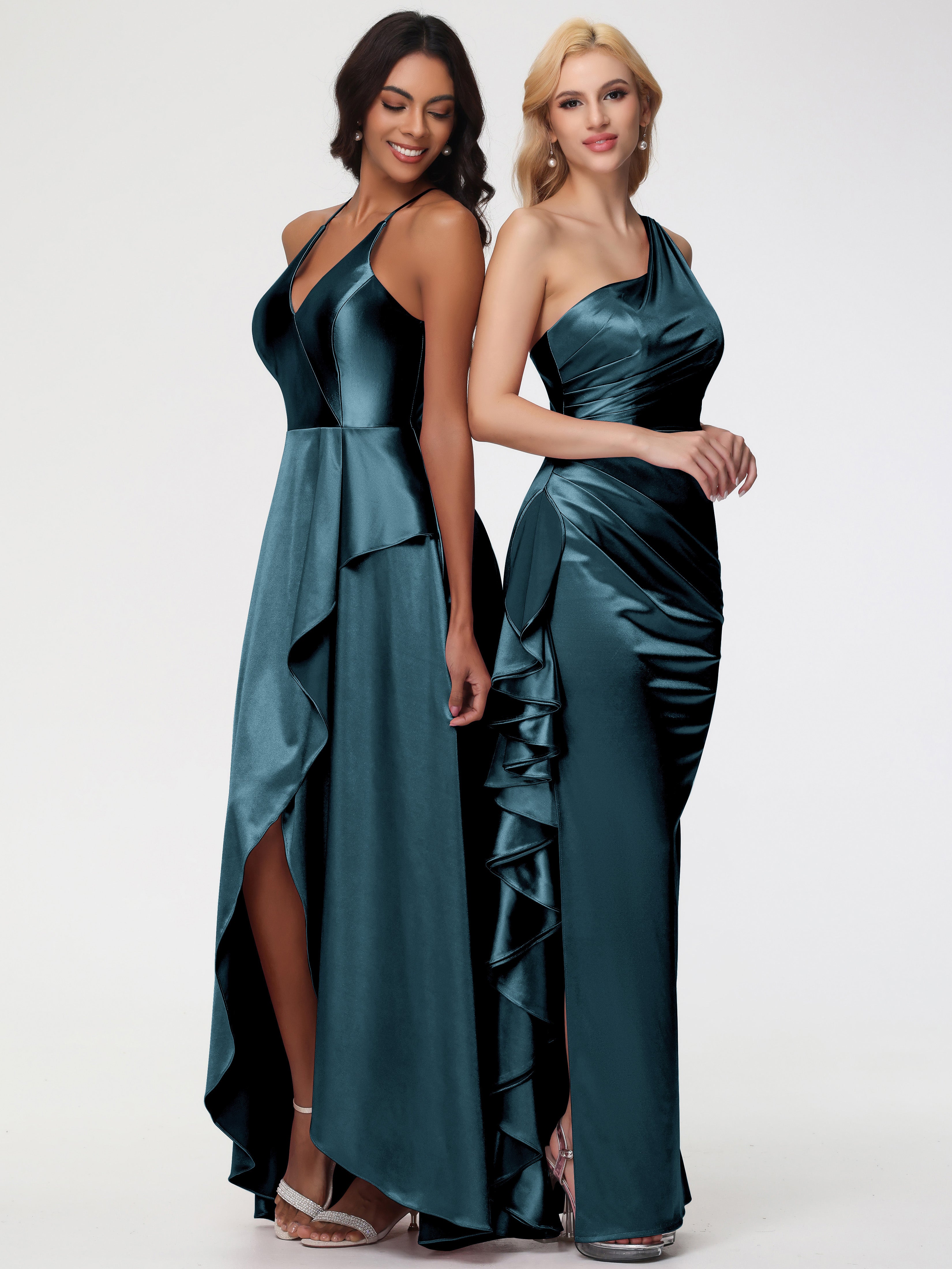 Robes De Demoiselle D'Honneur Bleu Paon Seule-épaule Robe Plisée Fourreau/Colonne Fendue Satin Extensible Robe De Demoiselle D'Honneur